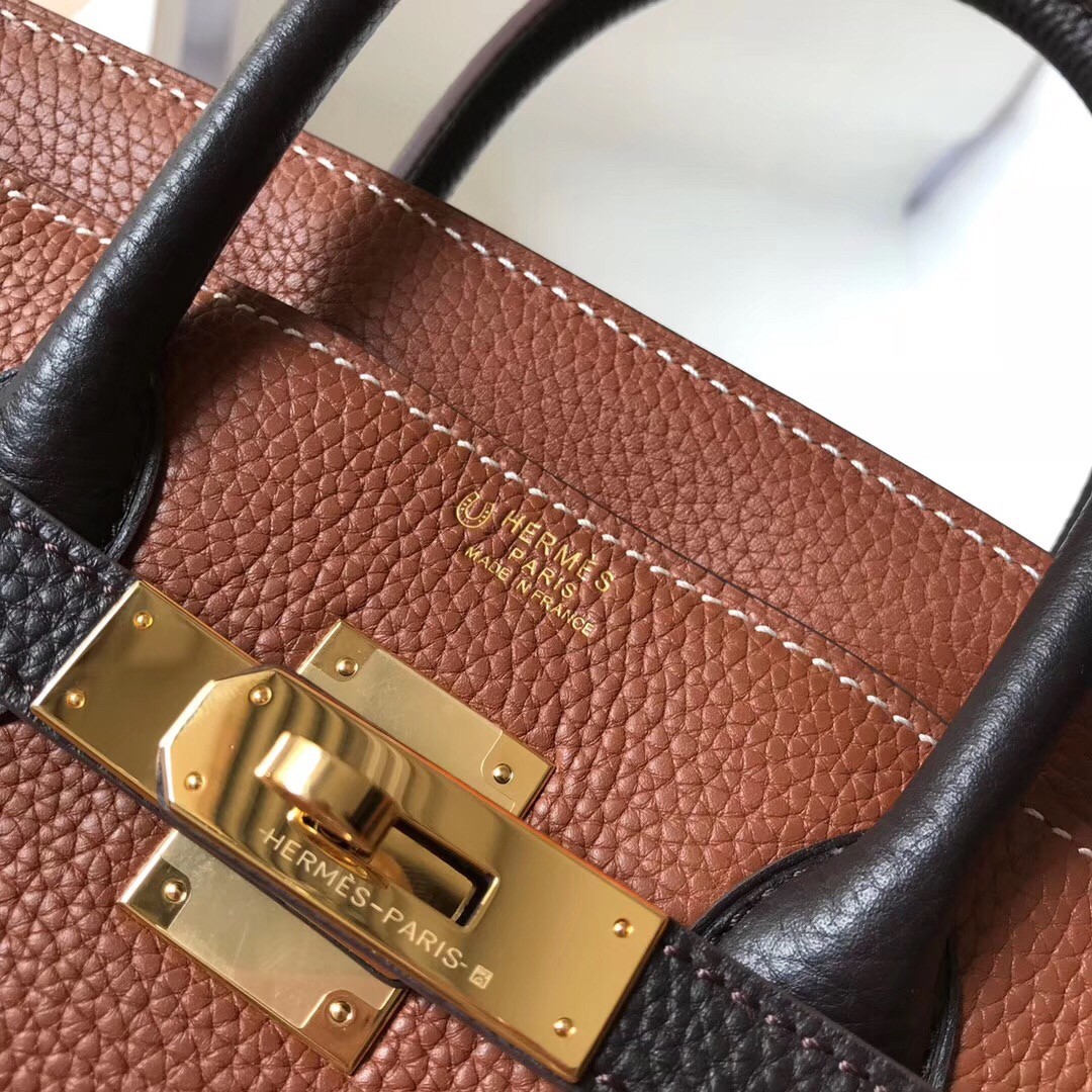 H**mes bi-color birkin 30cm bag in brown/black clemence leather