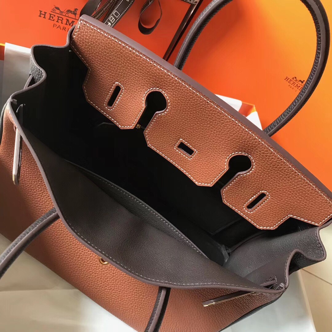 H**mes bi-color birkin 30cm bag in brown/black clemence leather