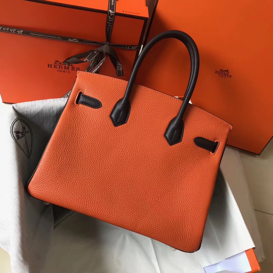H**mes tri-color birkin 30cm bag in orange/white/black clemence leather