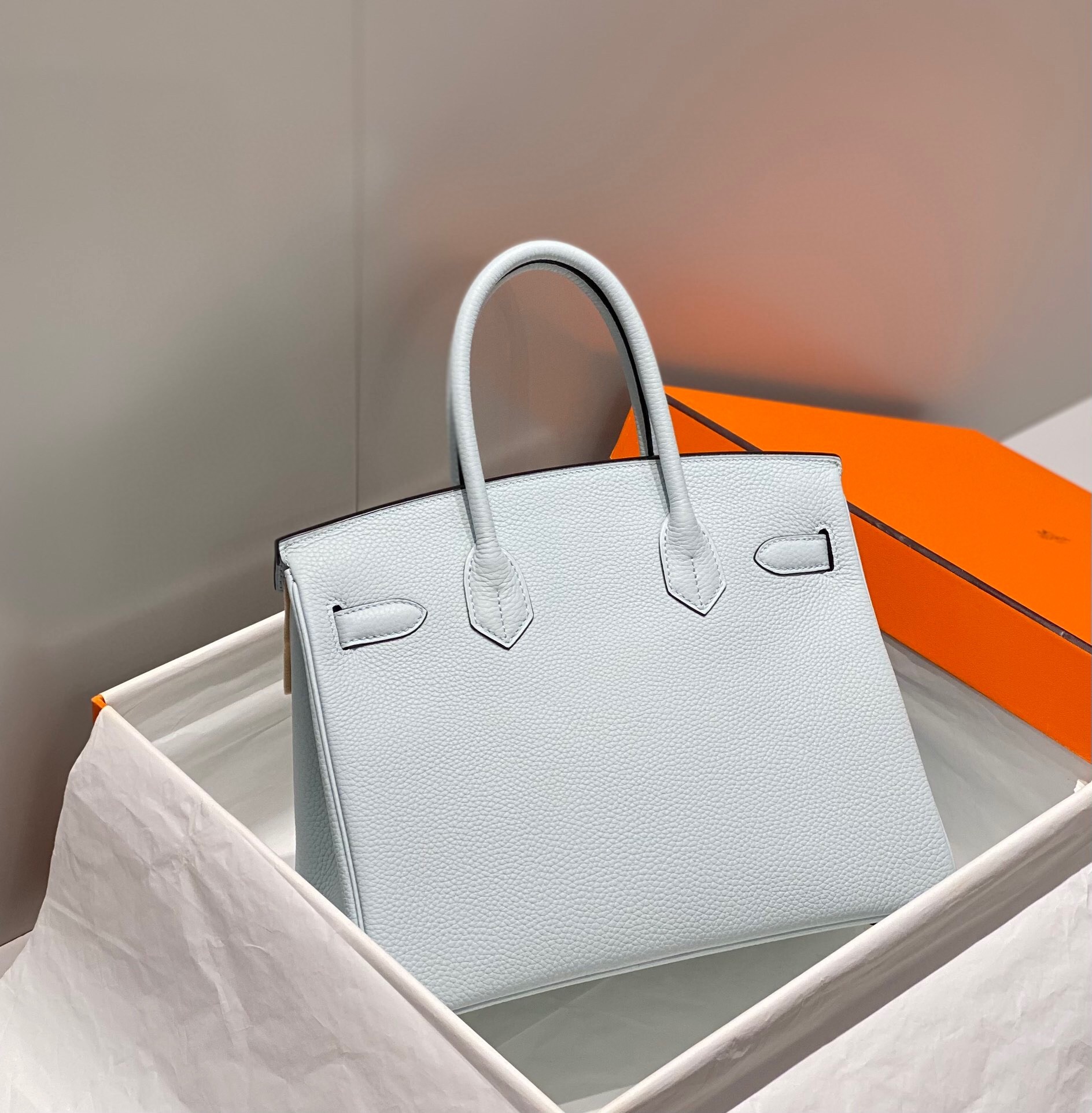 H**mes birkin 30cm bag in blue brume clemence leather ghw