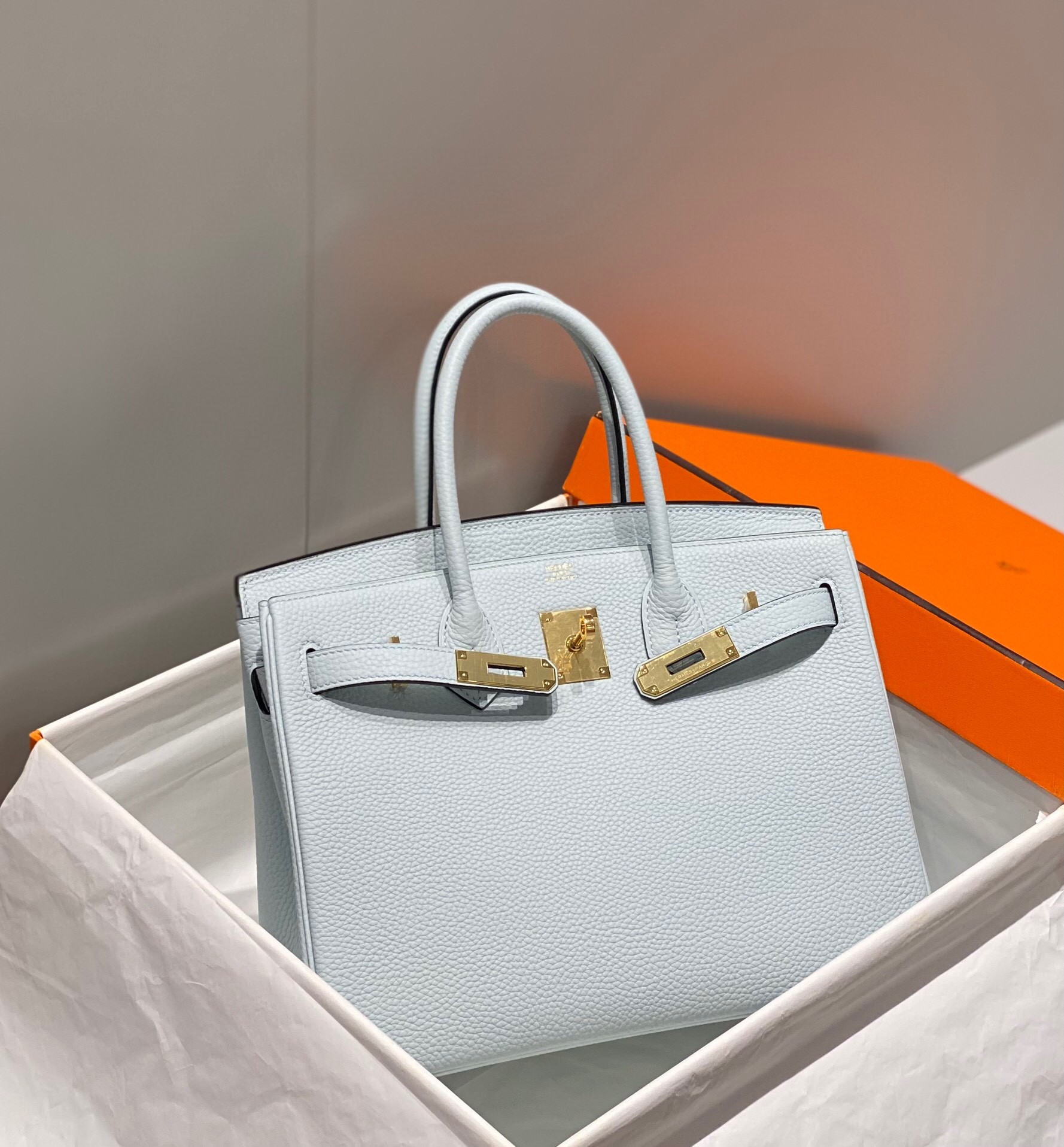 H**mes birkin 30cm bag in blue brume clemence leather ghw