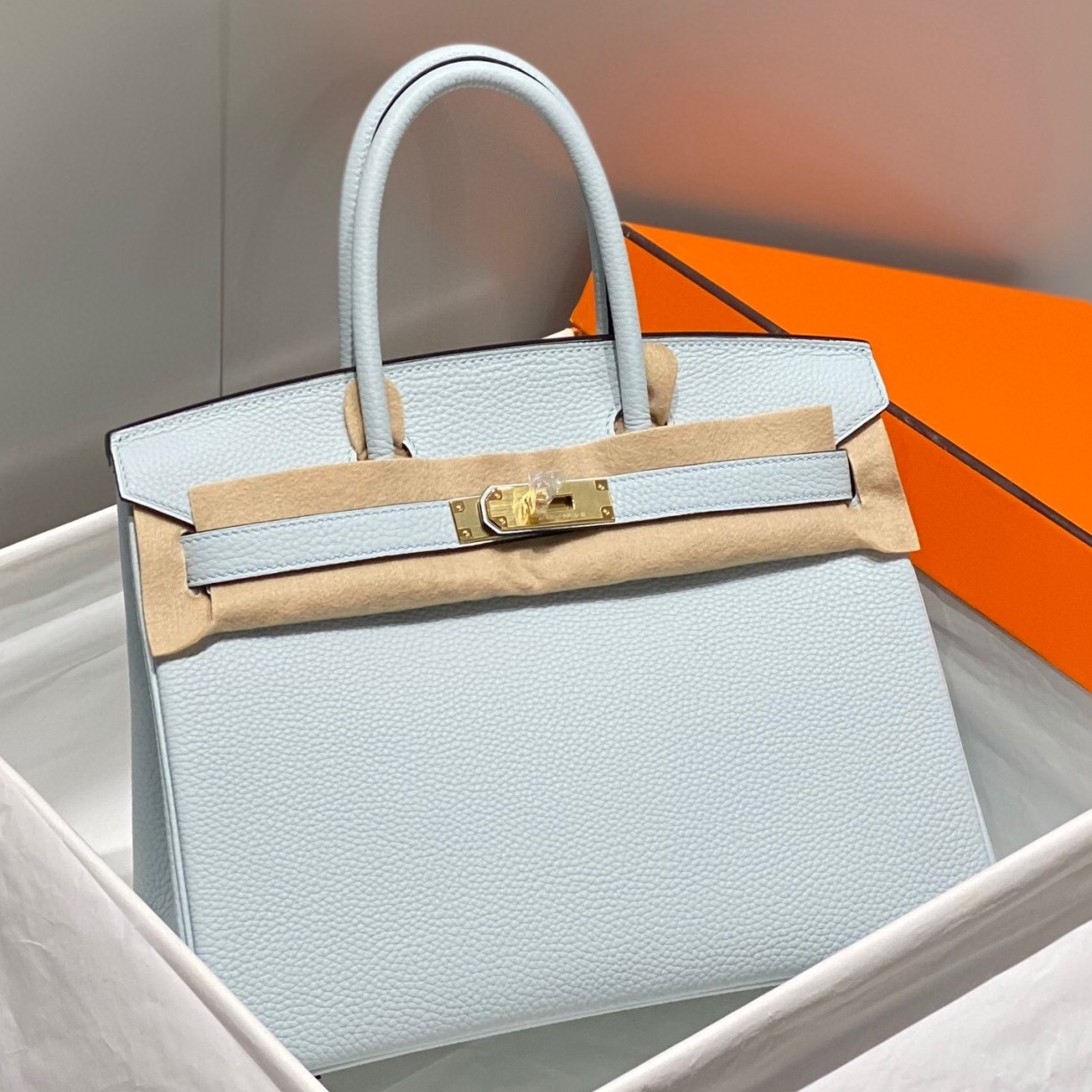 H**mes birkin 30cm bag in blue brume clemence leather ghw
