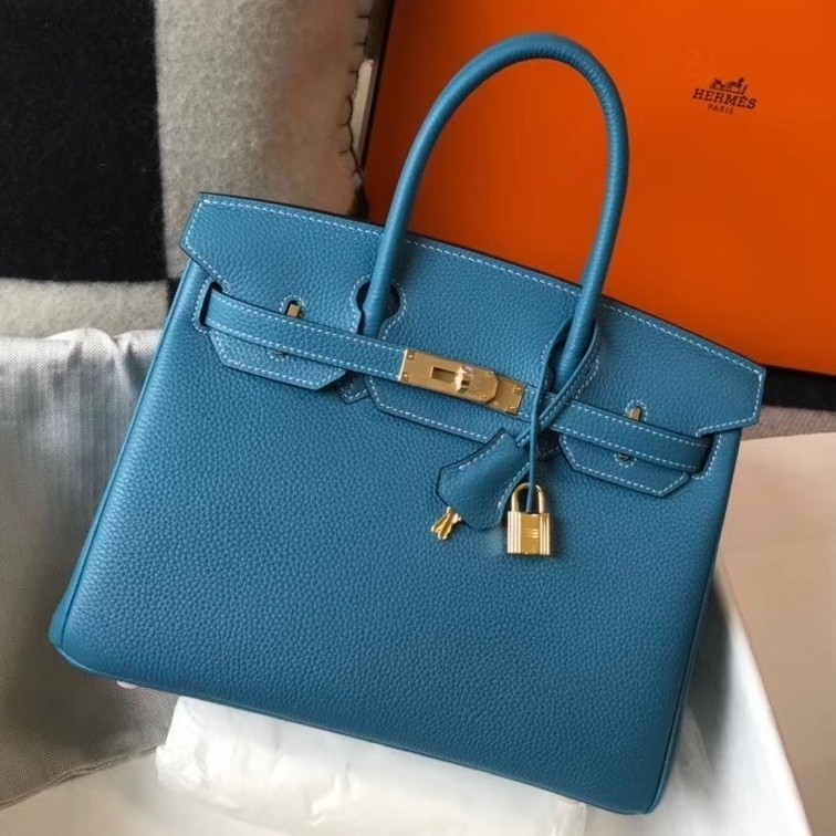 H**mes birkin 30cm bag in blue jean clemence leather