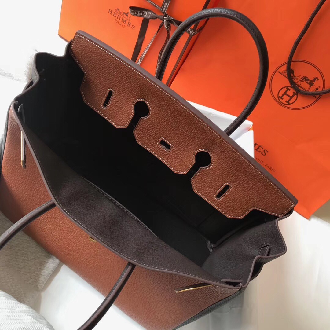 H**mes bi-color birkin 35cm bag in brown/black clemence leather