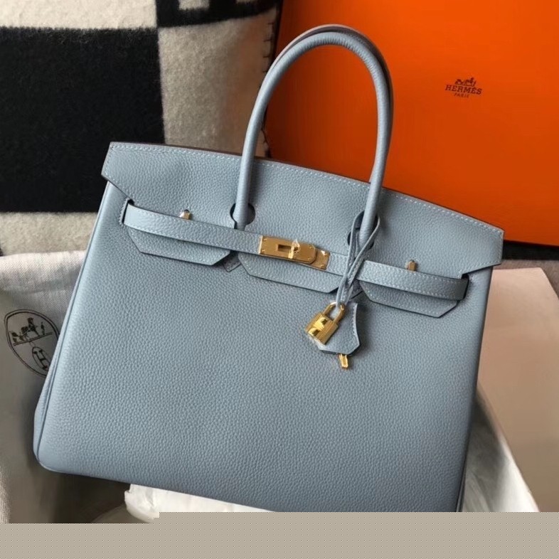 H**mes birkin 35cm bag in blue lin clemence leather