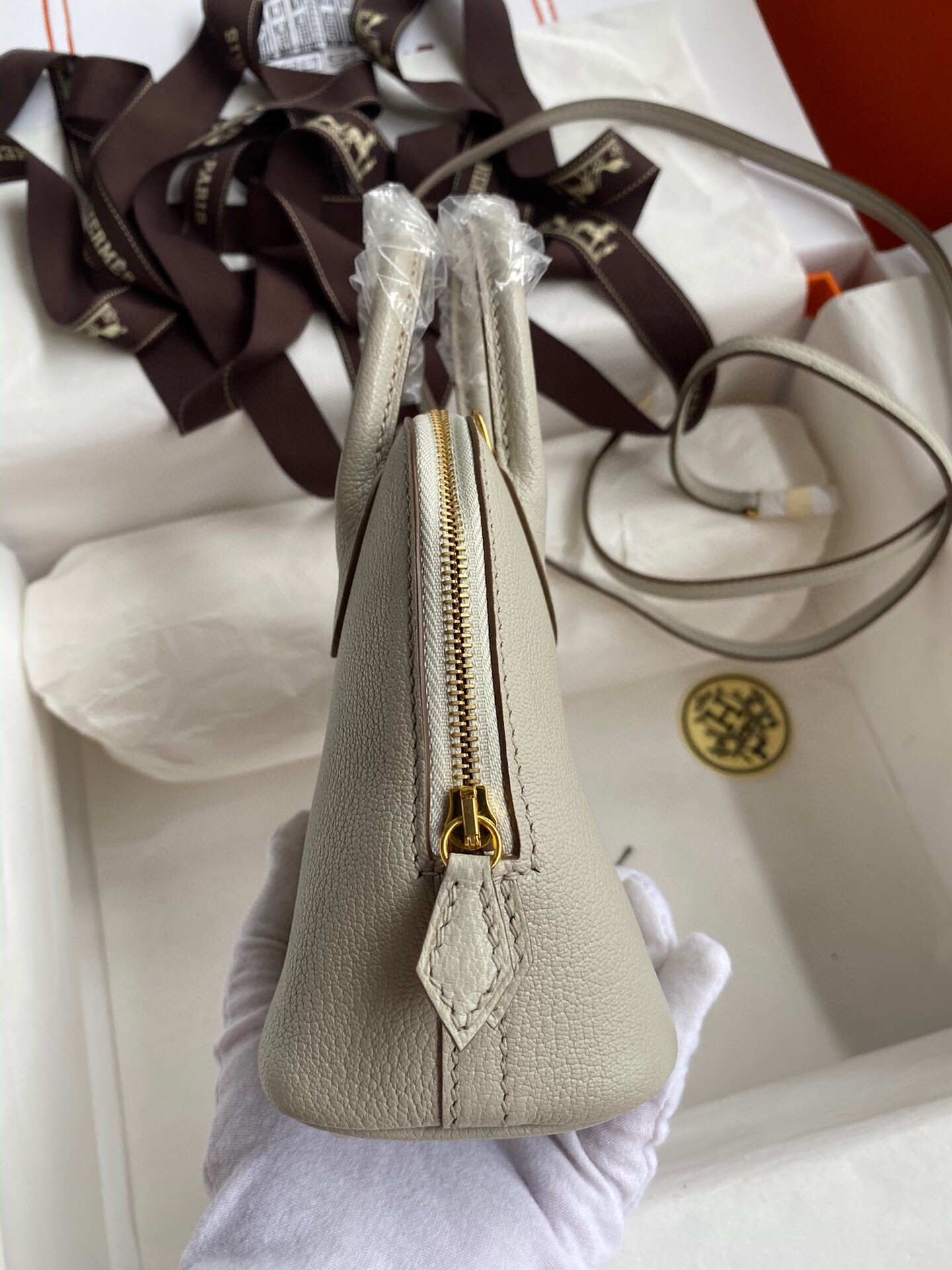 H**mes bolide 1923 mini handmade bag in pearl grey chevre mysore leather