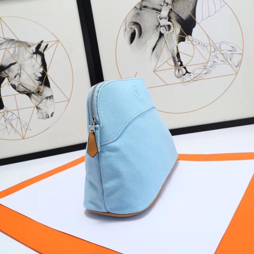 H**mes medium bolide travel case in blue lin cotton