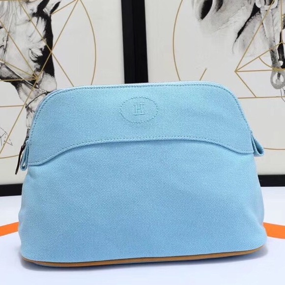 H**mes medium bolide travel case in blue lin cotton
