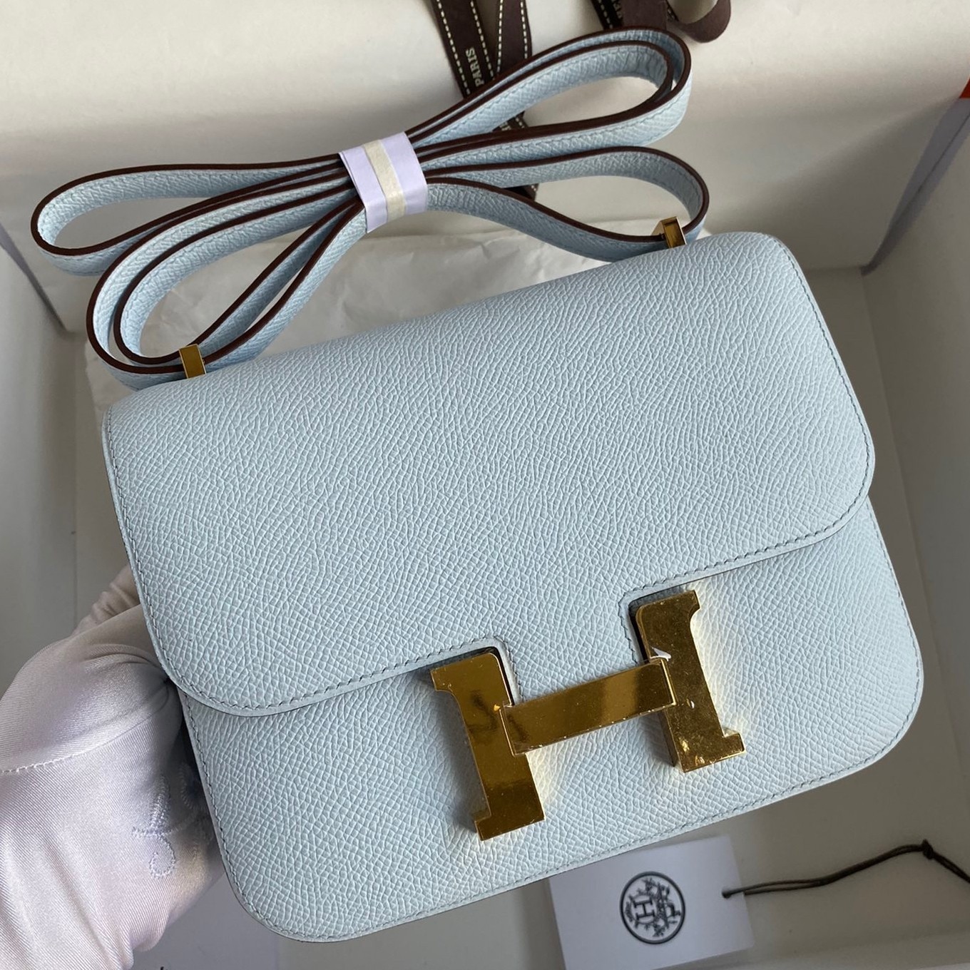 H**mes constance 18 handmade bag in blue brume epsom calfskin