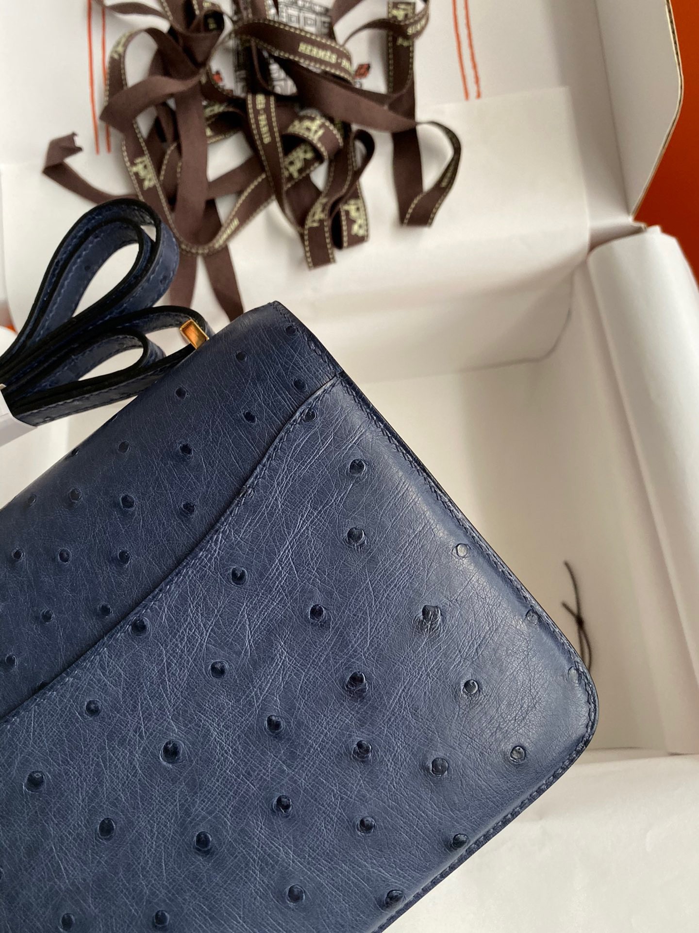 H**mes constance 18 handmade bag in blue iris ostrich leather