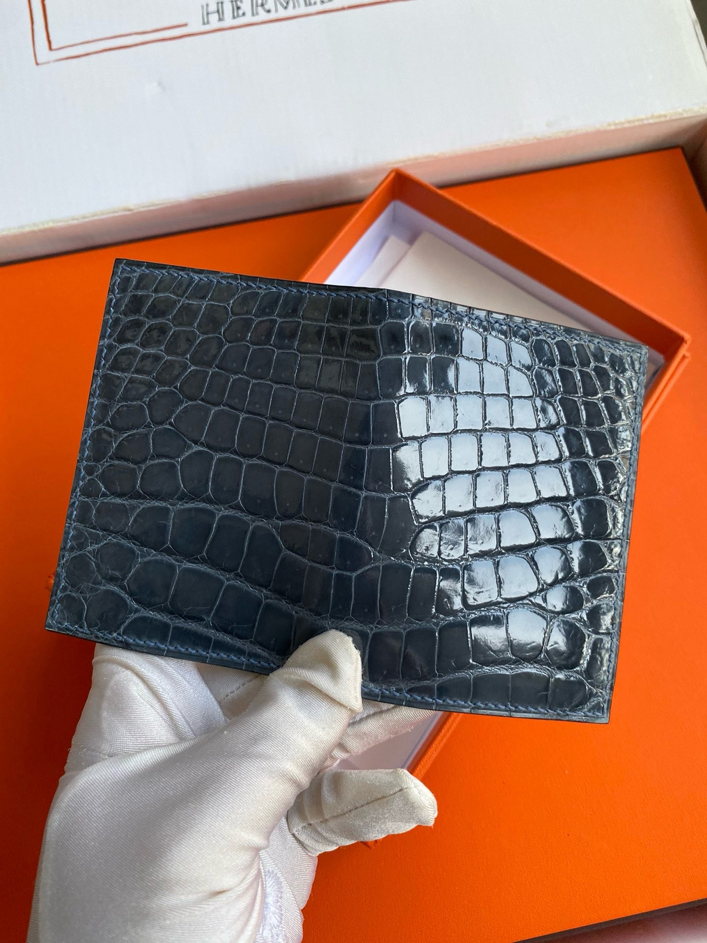 H**mes mc² euclide card holder in blue colvert shiny alligator leather