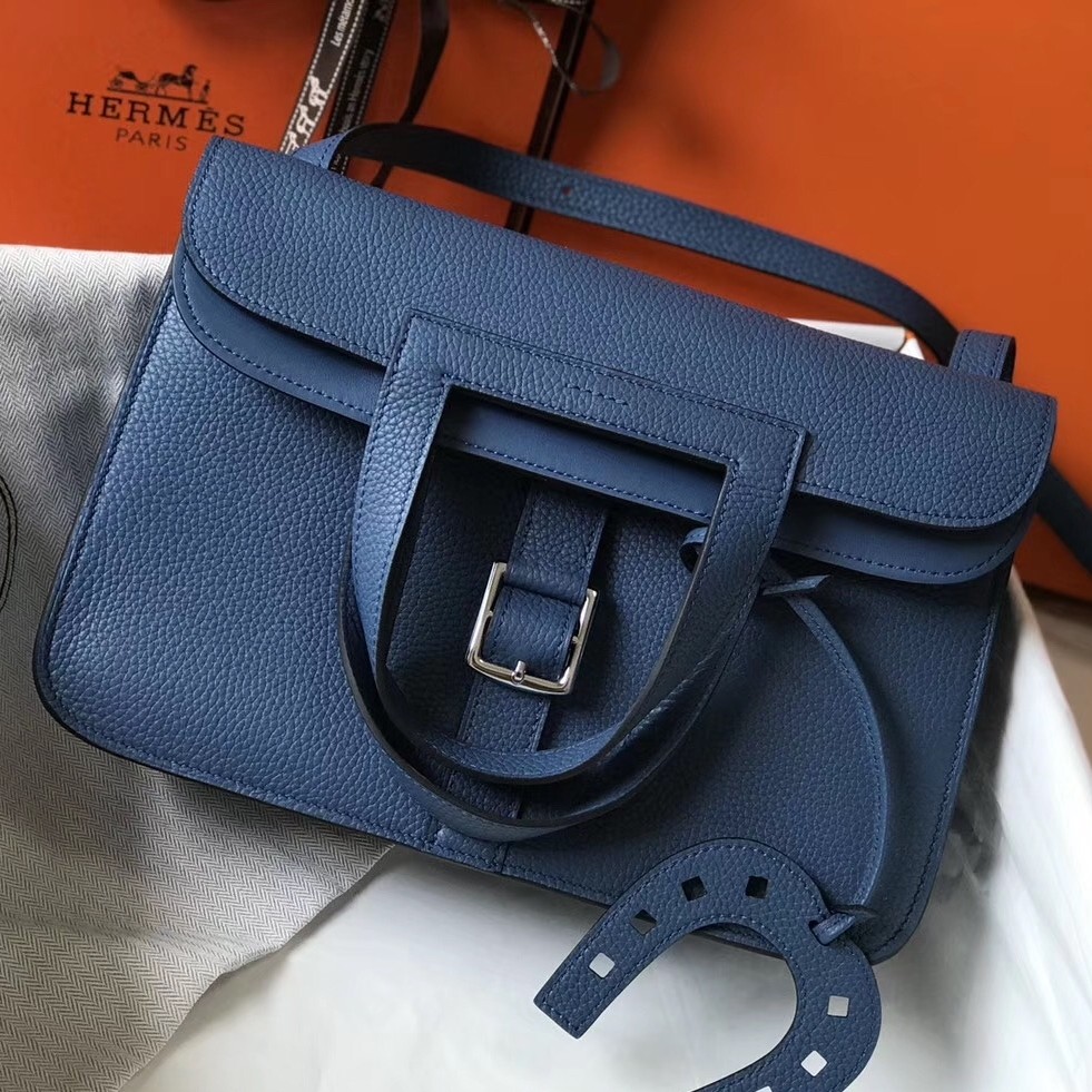 H**mes halzan 31cm bag in blue agate clemence leather