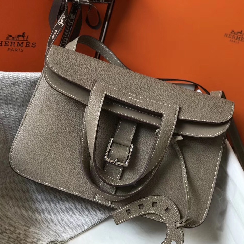 H**mes halzan 31cm bag in grey clemence leather