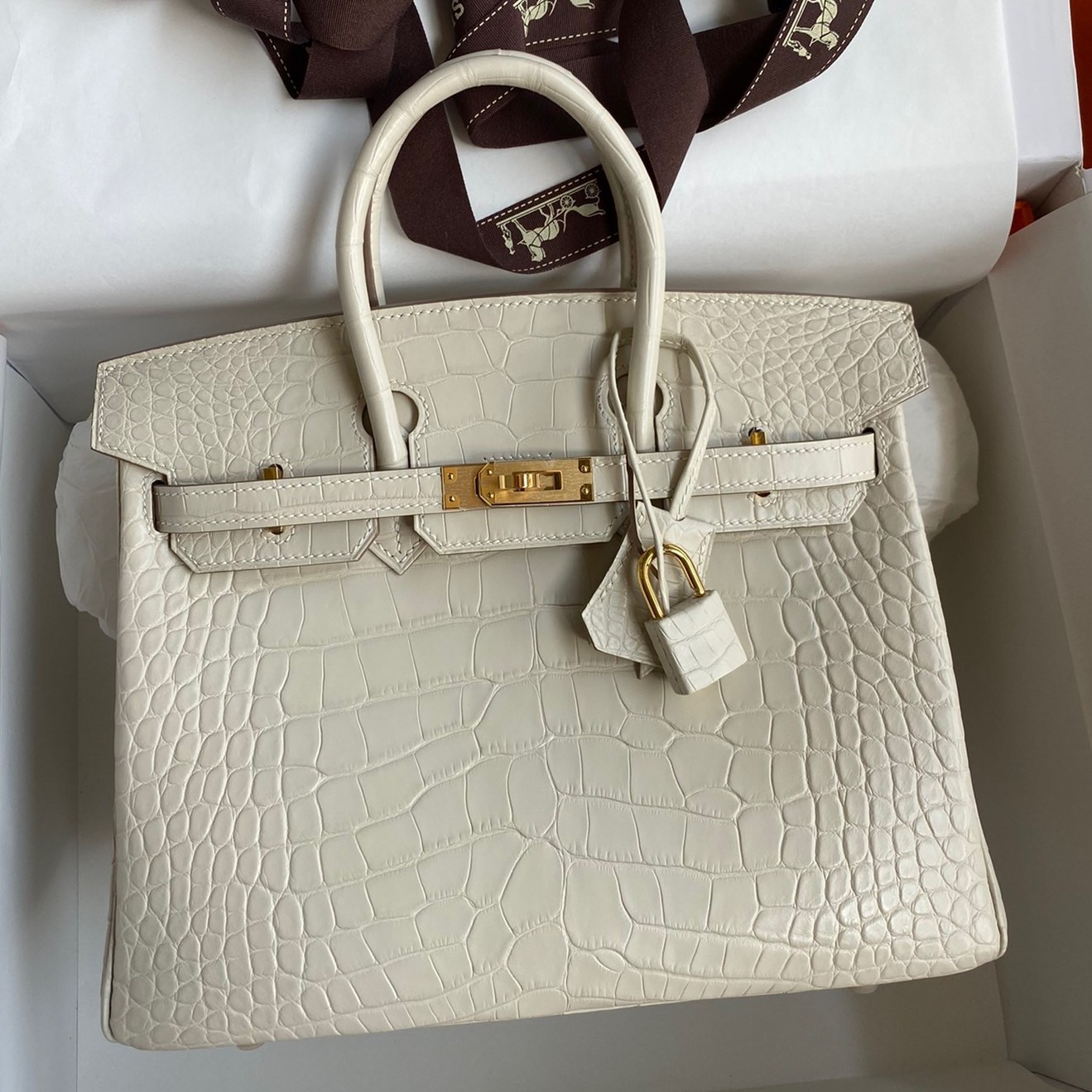 H**mes birkin 25 retourne handmade bag in beton matte alligator leather