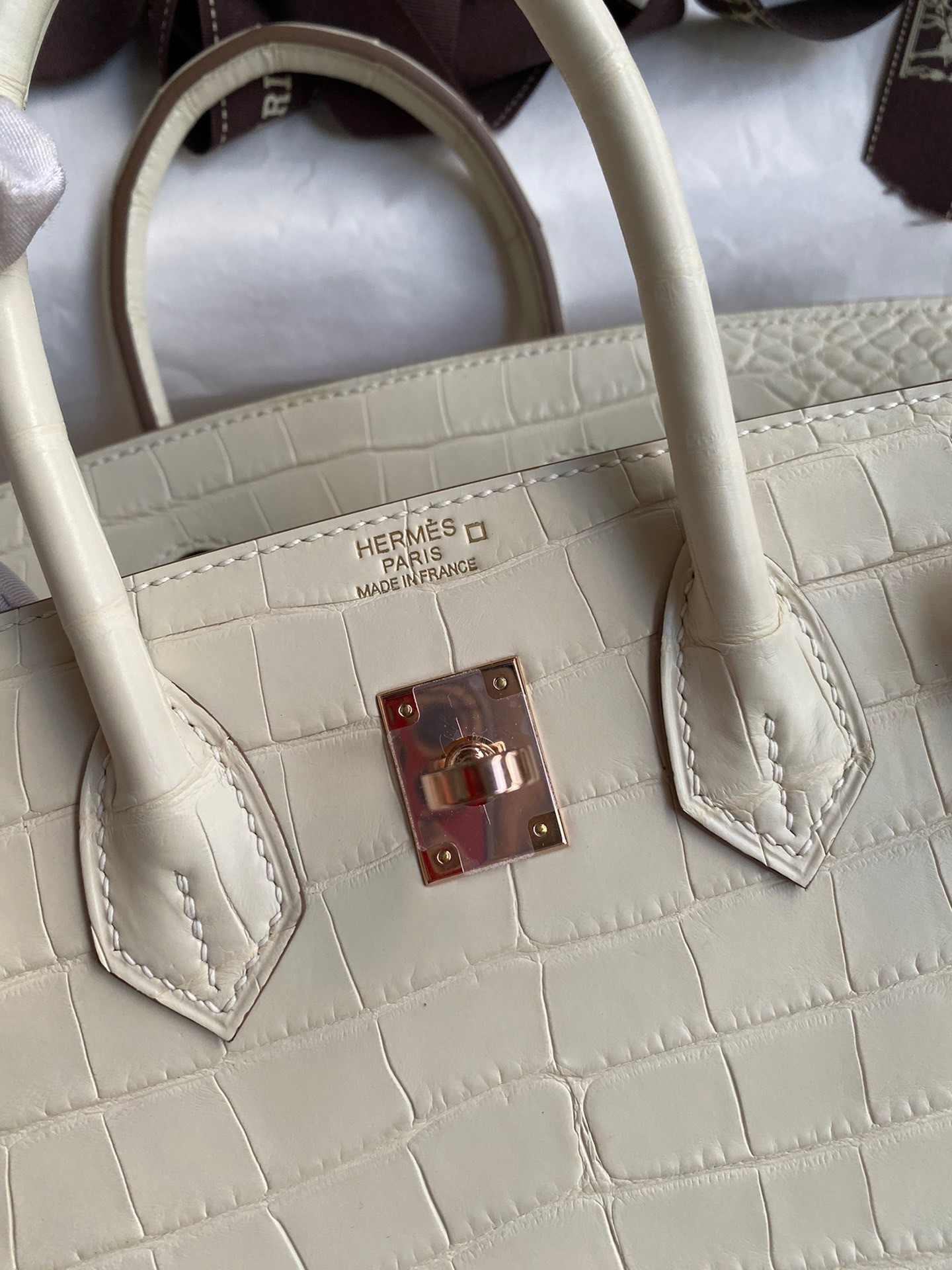 H**mes birkin 25 retourne handmade bag in nata matte alligator leather