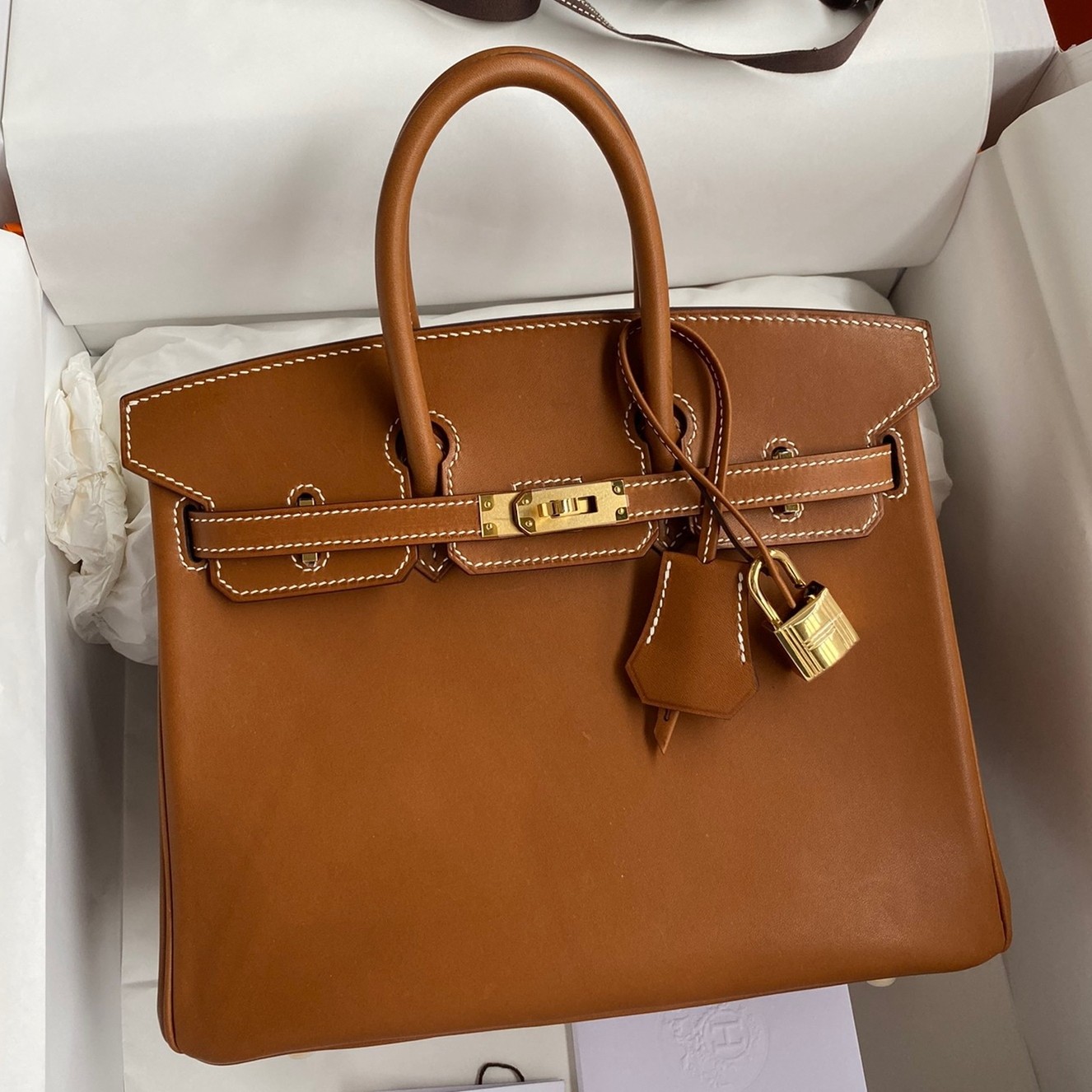 H**mes birkin 25 retourne handmade bag in gold barenia calfskin