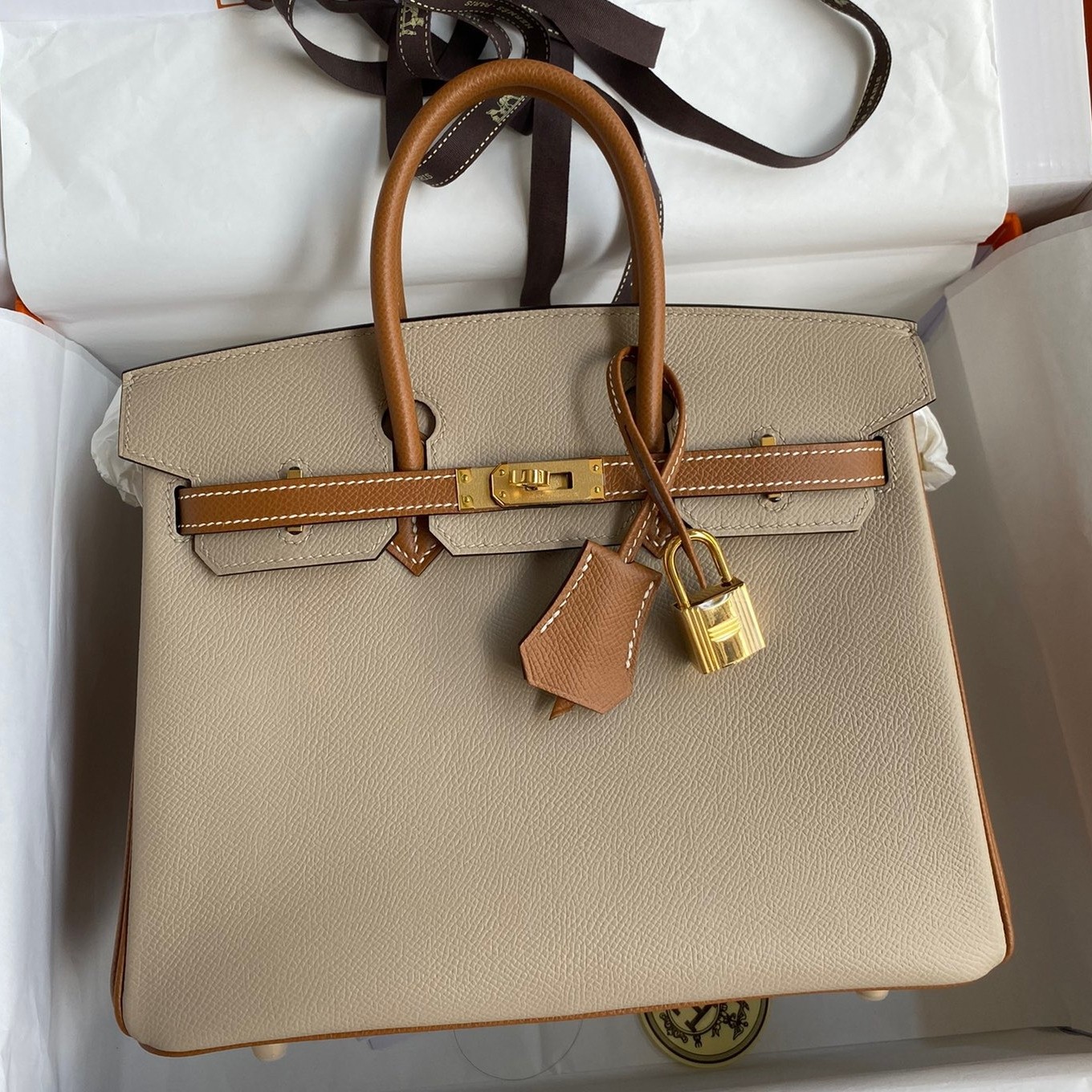 H**mes hss birkin 25 bicolor bag in trench and gold epsom calfskin