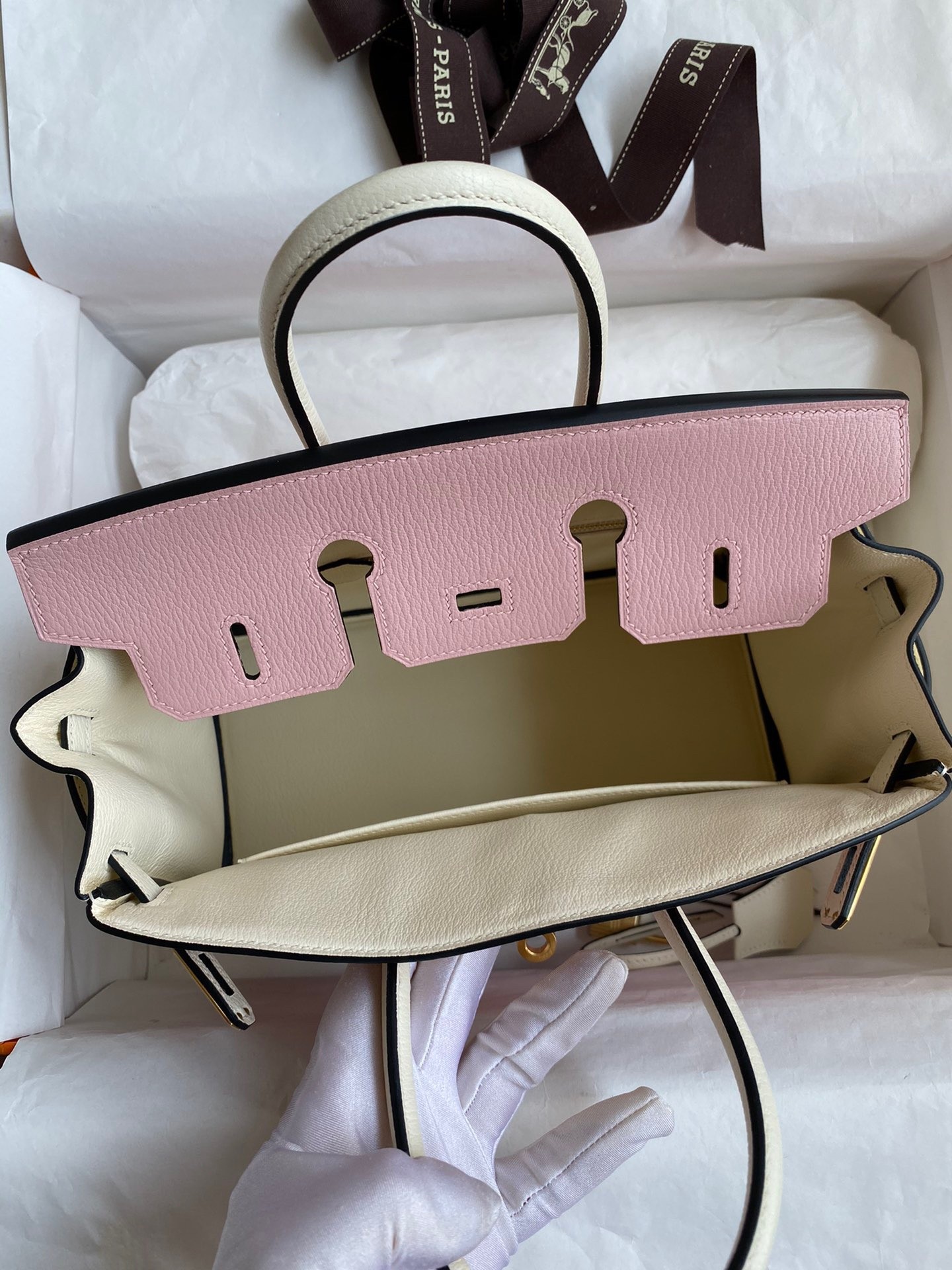 H**mes hss birkin 25 bicolor bag in pink and craie chevre mysore leather