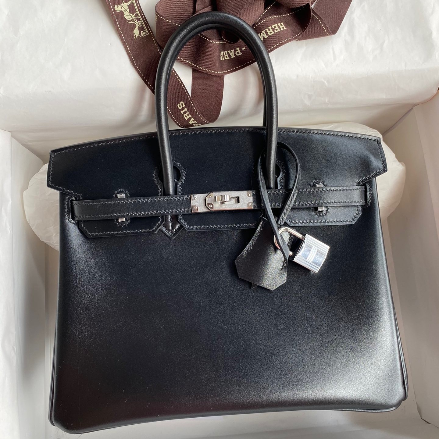 H**mes birkin 25 retourne handmade bag in black box calfskin