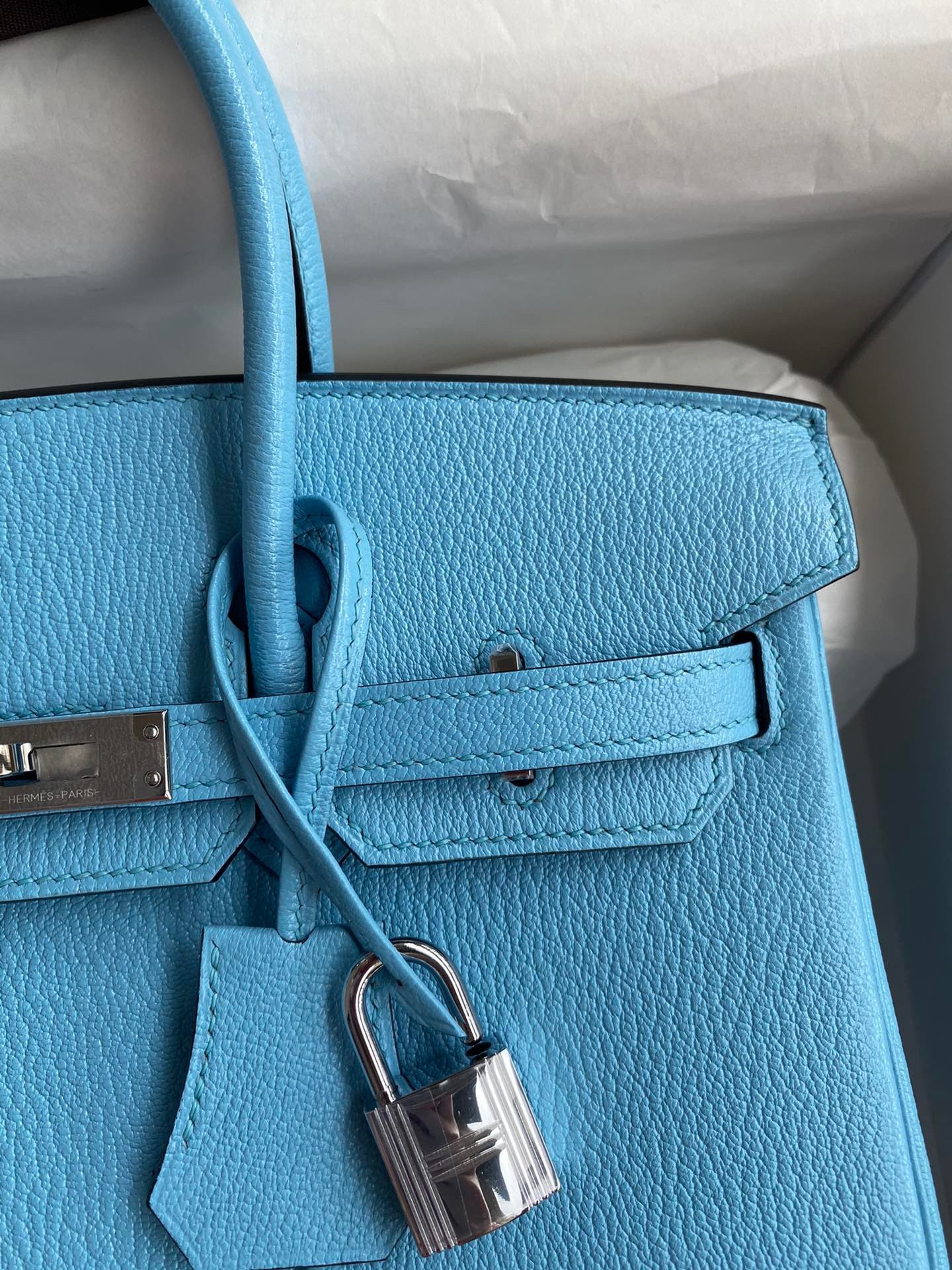 H**mes birkin 25 retourne handmade bag in blue aztec chevre mysore leather