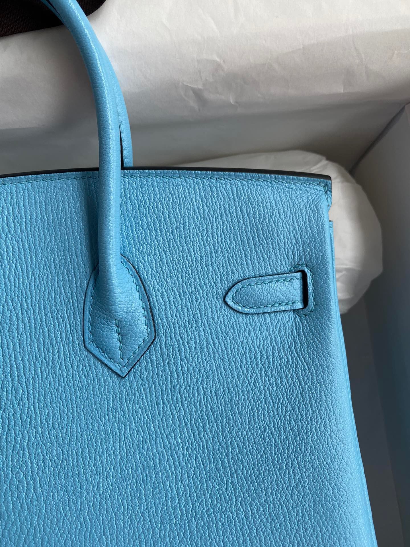 H**mes birkin 25 retourne handmade bag in blue aztec chevre mysore leather