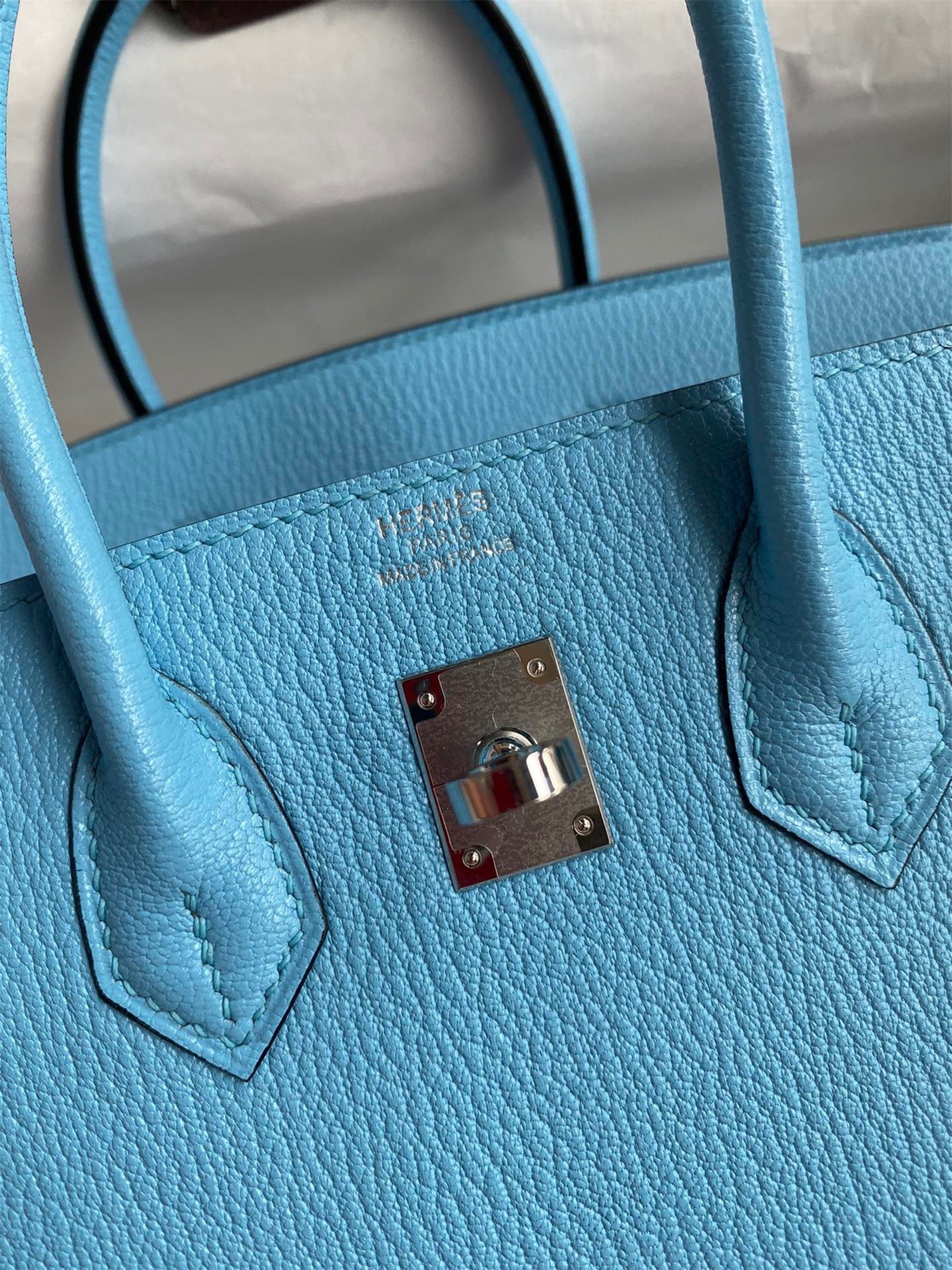 H**mes birkin 25 retourne handmade bag in blue aztec chevre mysore leather