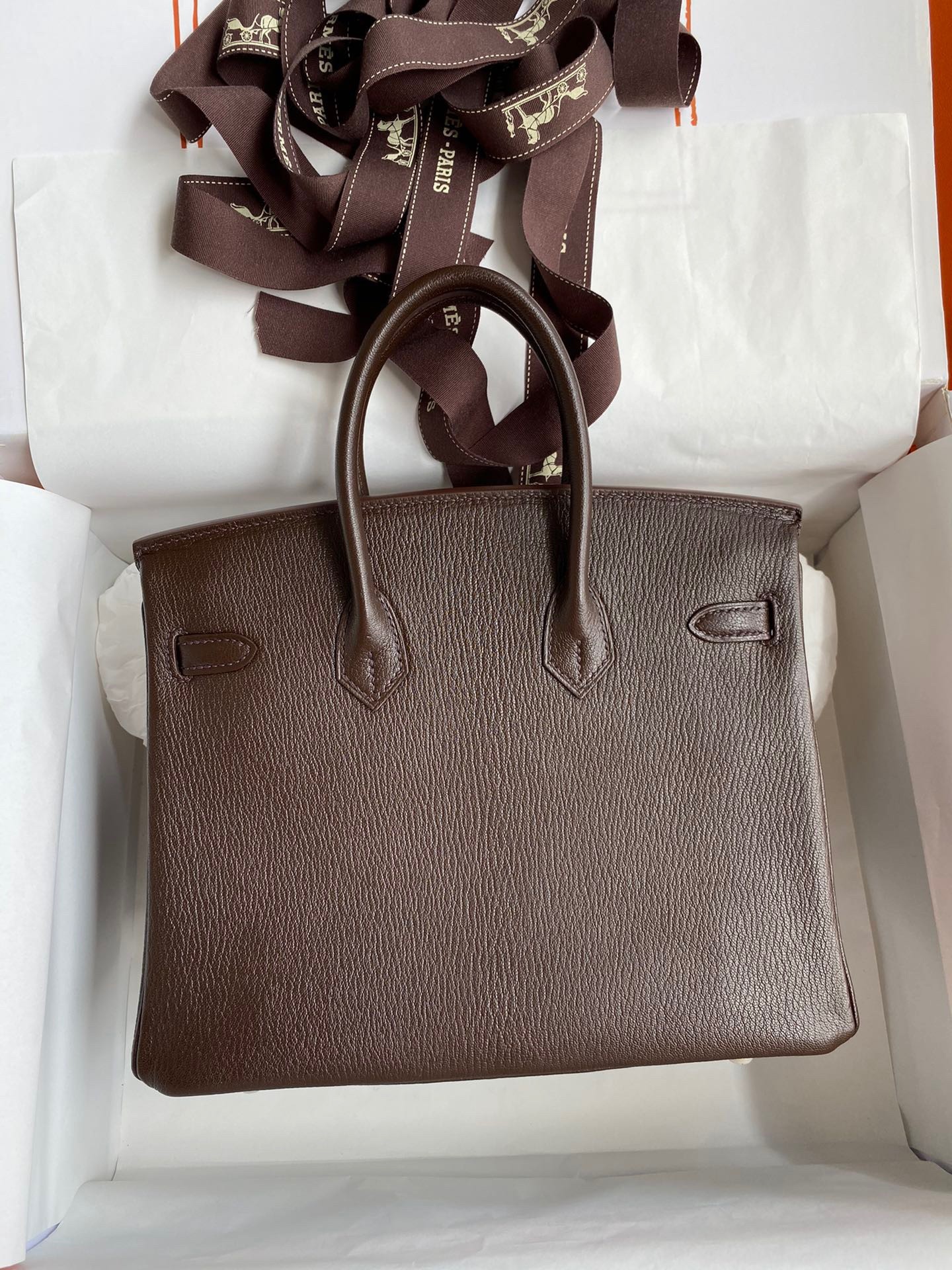 H**mes birkin 25 retourne handmade bag in chocolat chevre mysore leather