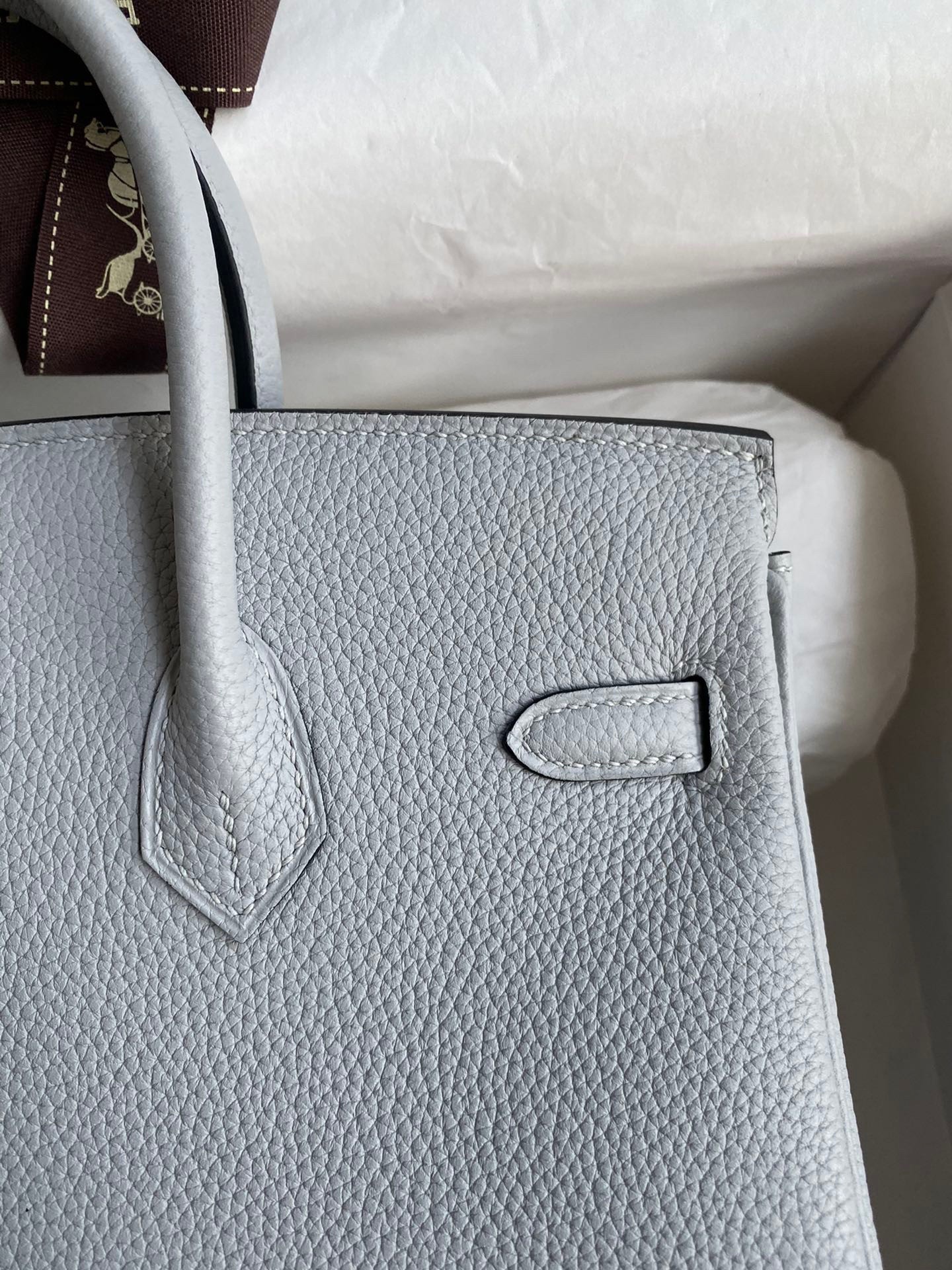 H**mes birkin 25 retourne handmade bag in blue glacier clemence leather