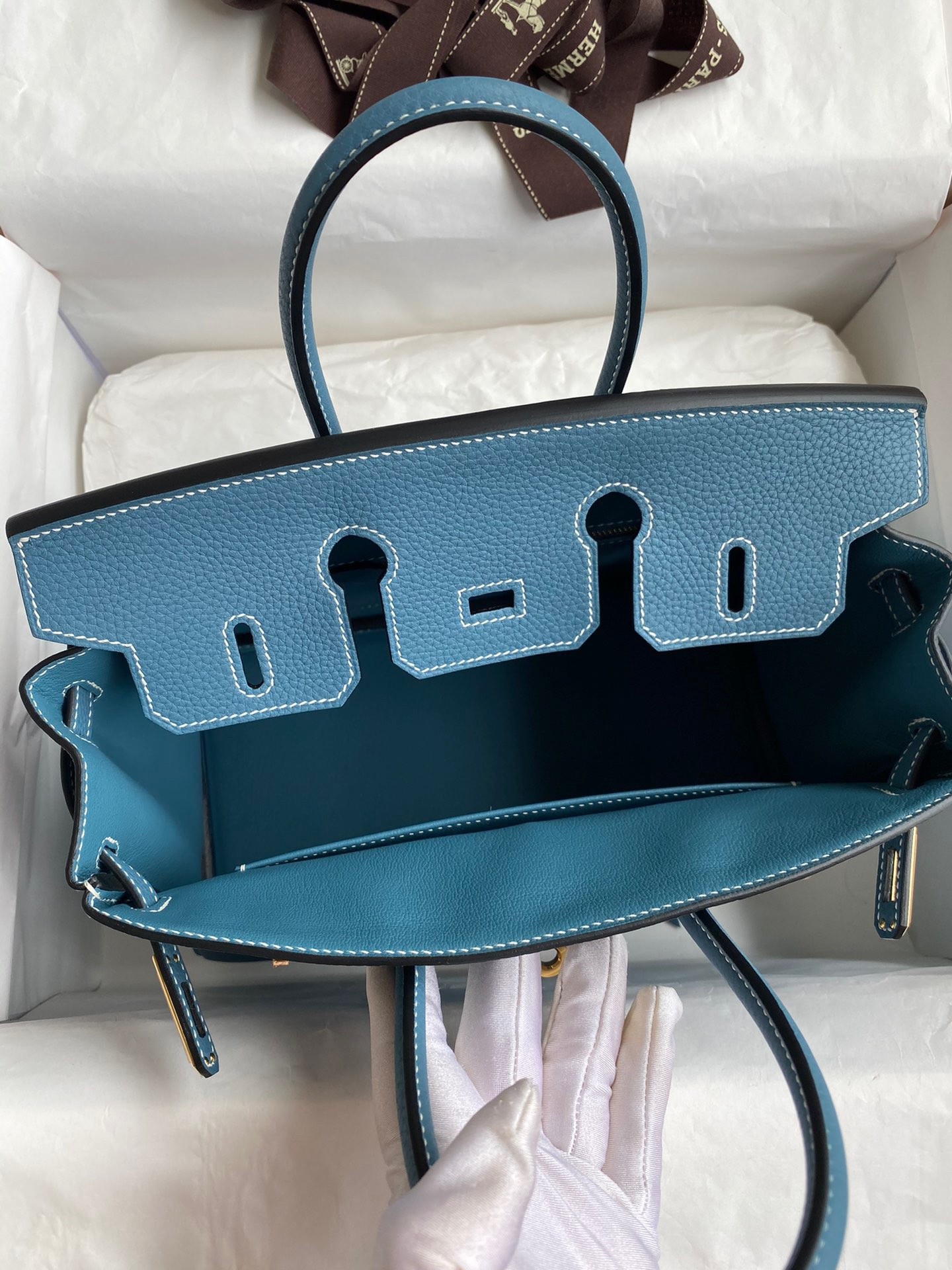 H**mes birkin 25 retourne handmade bag in blue jean clemence leather
