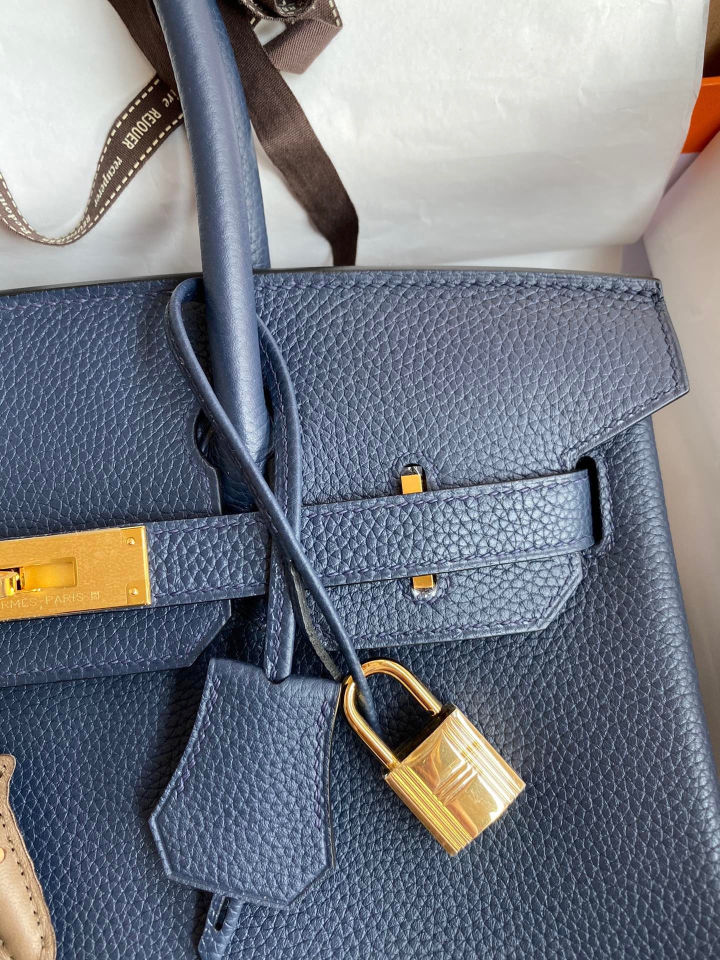 H**mes birkin 25 retourne handmade bag in blue saphir clemence leather