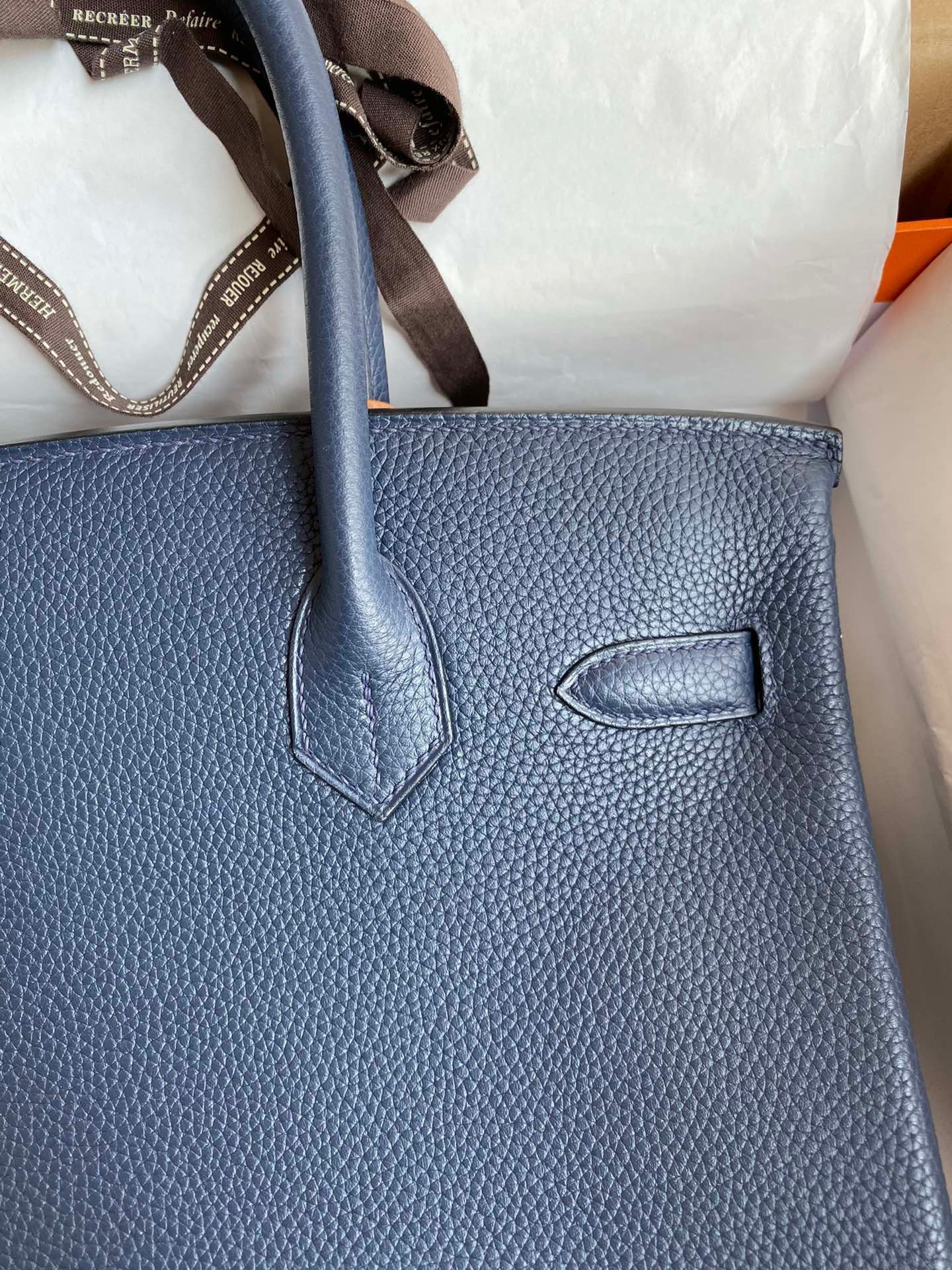 H**mes birkin 25 retourne handmade bag in blue saphir clemence leather