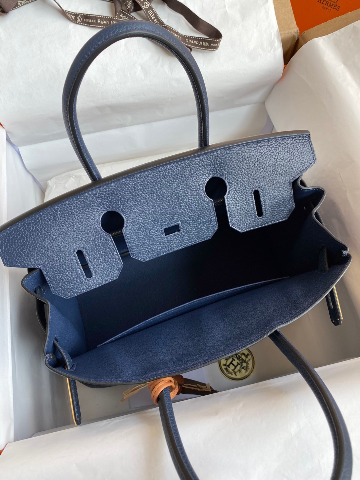 H**mes birkin 25 retourne handmade bag in blue saphir clemence leather
