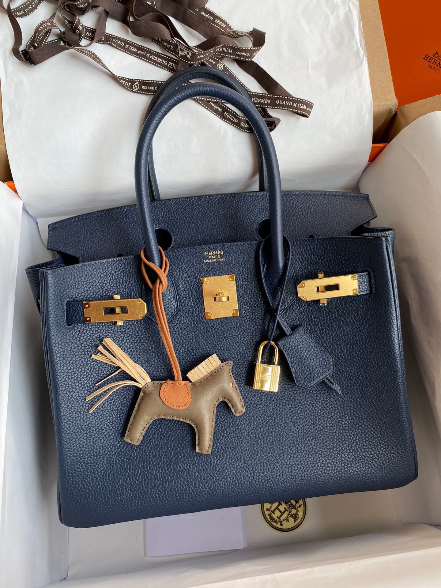 H**mes birkin 25 retourne handmade bag in blue saphir clemence leather