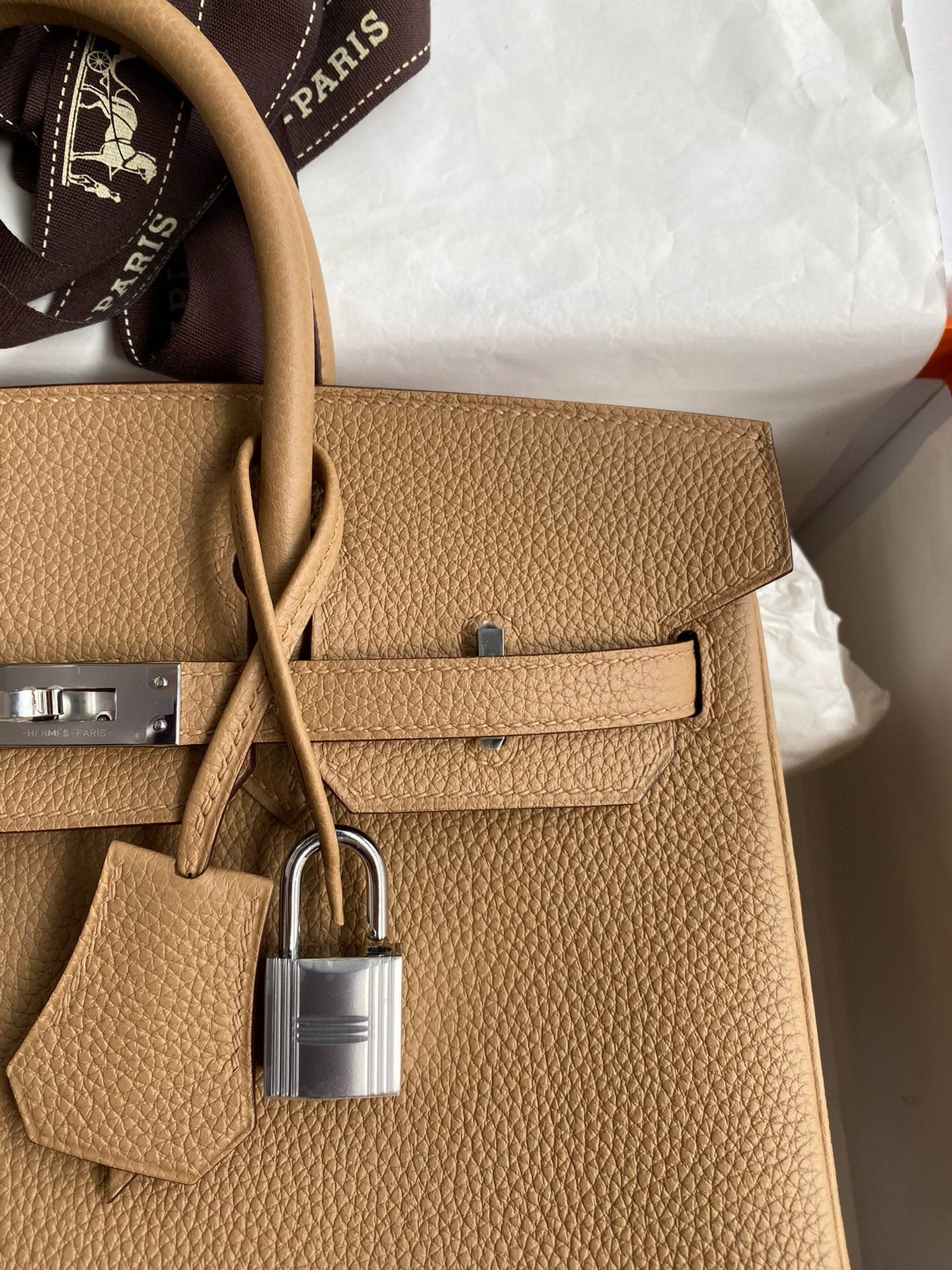 H**mes birkin 25 retourne handmade bag in chai clemence leather
