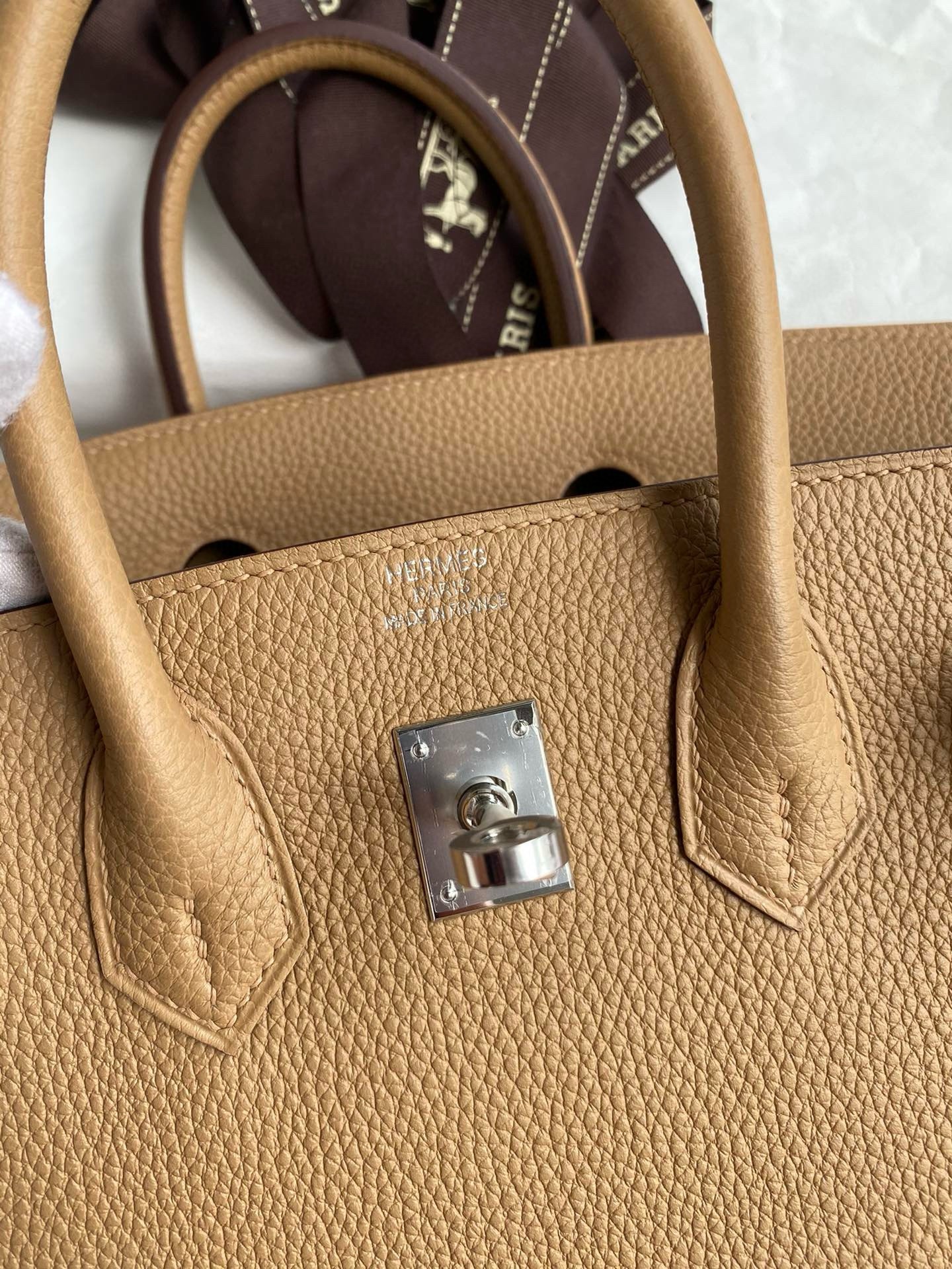 H**mes birkin 25 retourne handmade bag in chai clemence leather