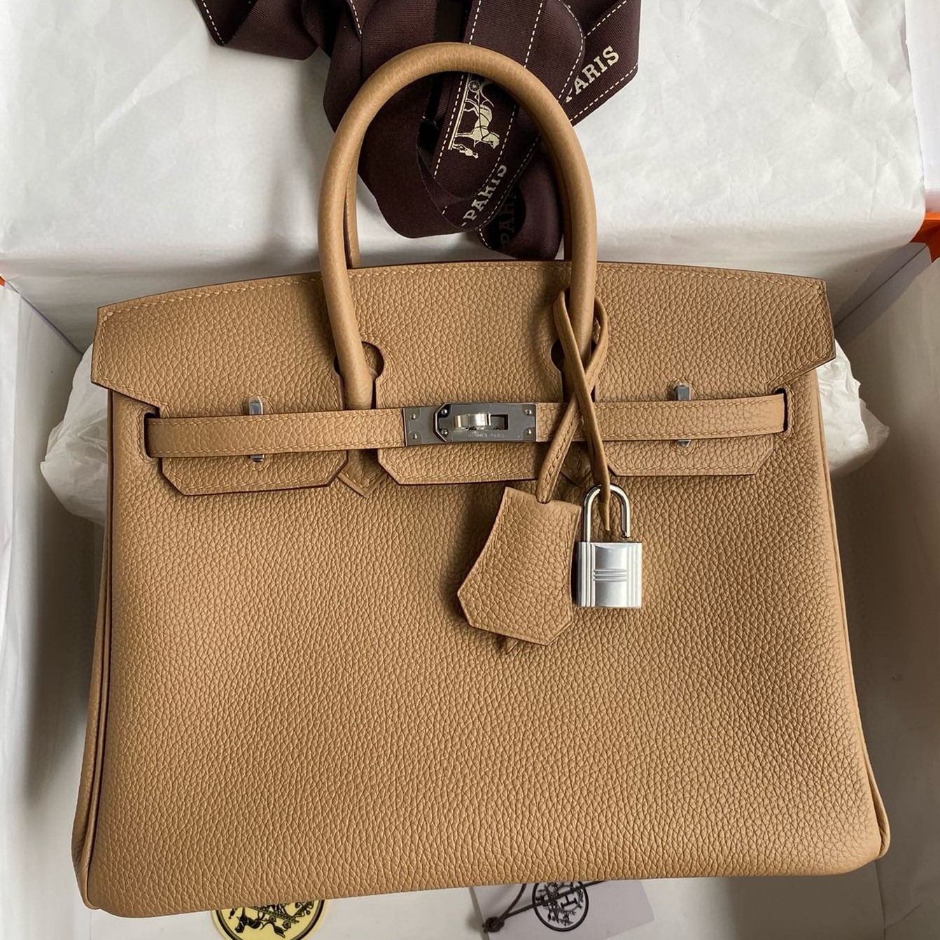 H**mes birkin 25 retourne handmade bag in chai clemence leather