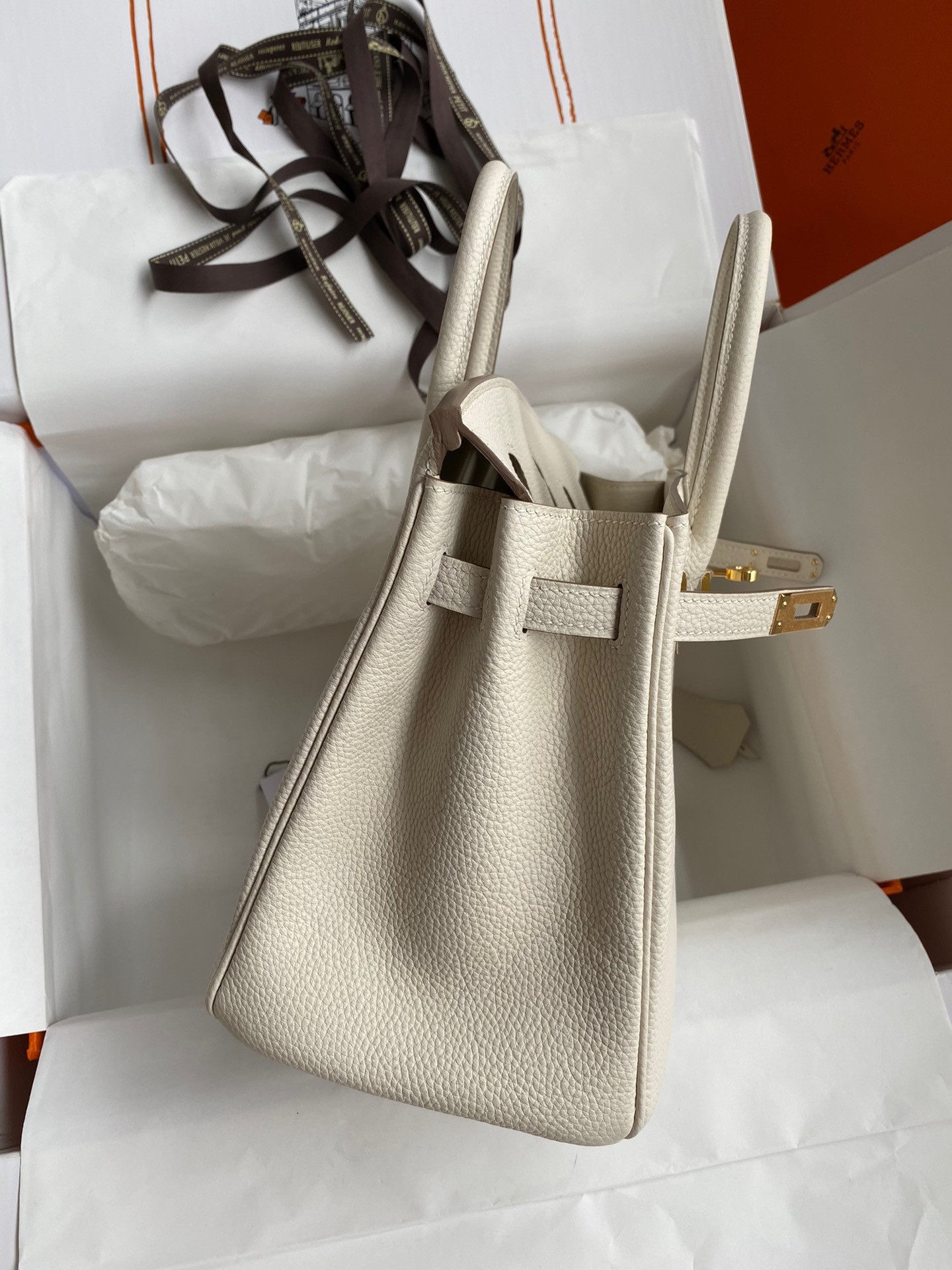 H**mes birkin 25 retourne handmade bag in craie clemence leather