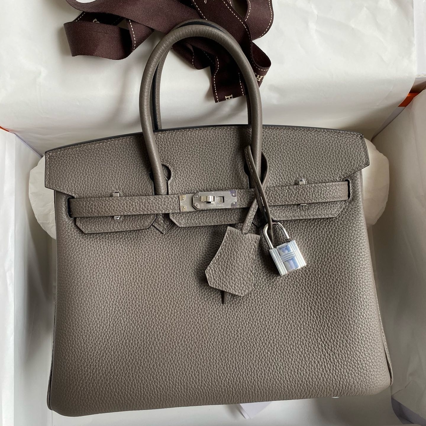 H**mes birkin 25 retourne handmade bag in etain clemence leather