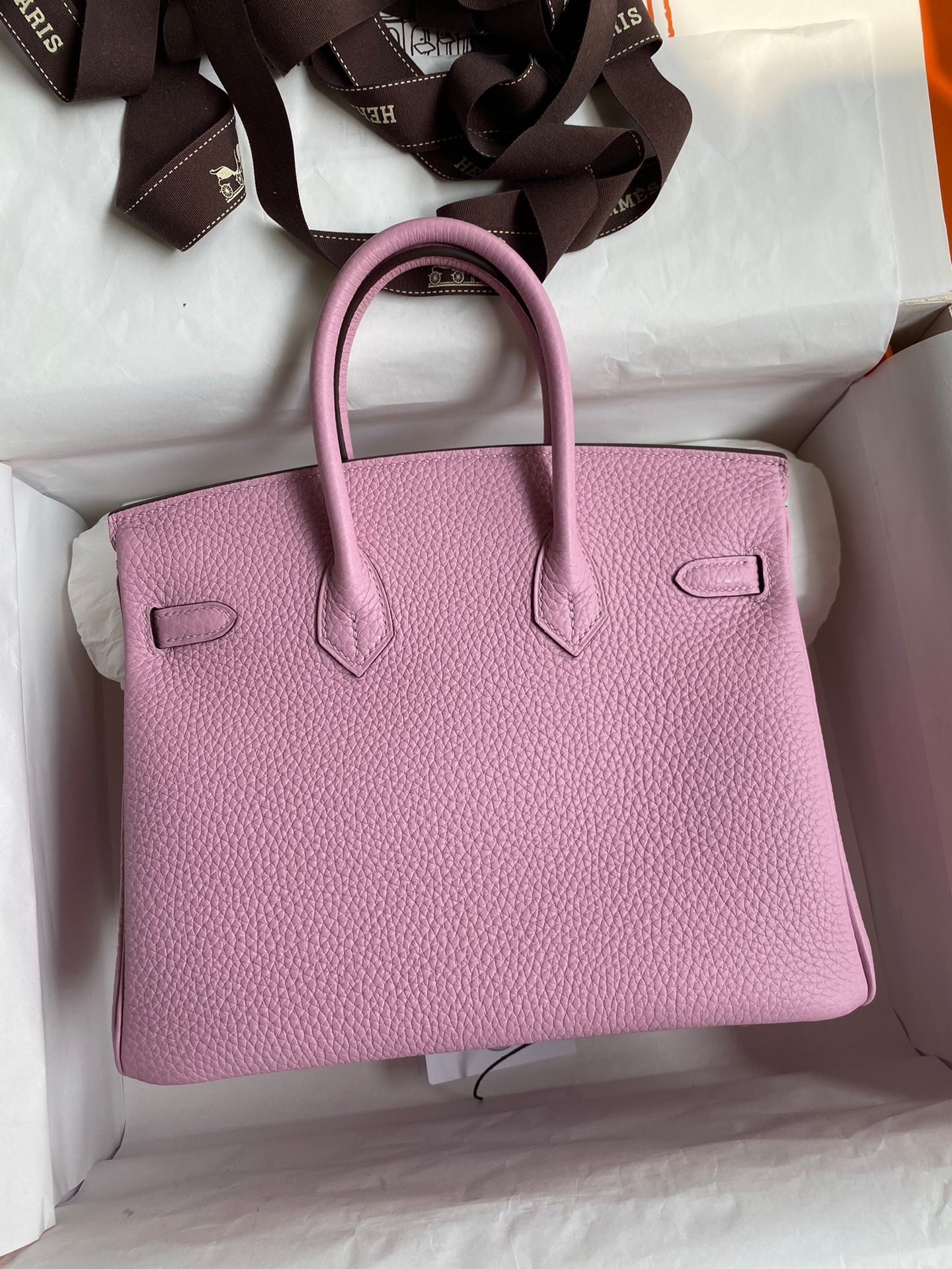 H**mes birkin 25 retourne handmade bag in mauve sylvestre clemence leather