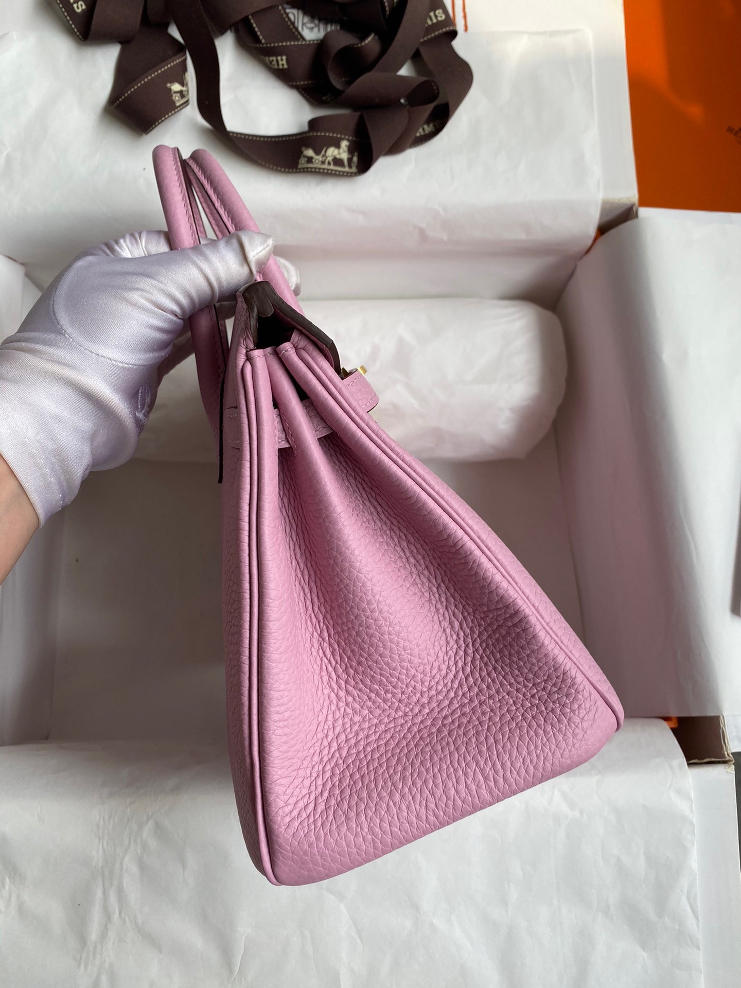 H**mes birkin 25 retourne handmade bag in mauve sylvestre clemence leather
