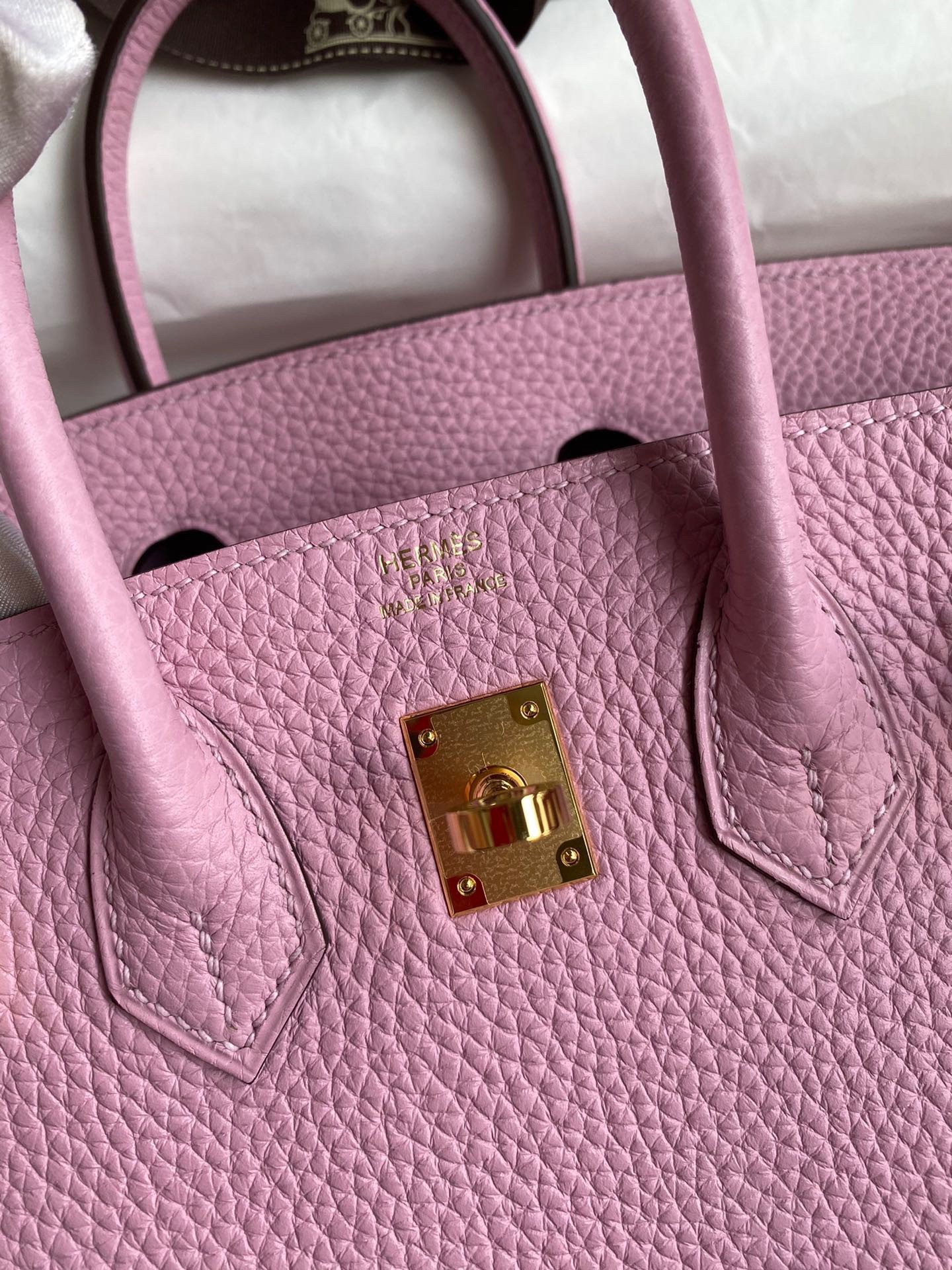 H**mes birkin 25 retourne handmade bag in mauve sylvestre clemence leather
