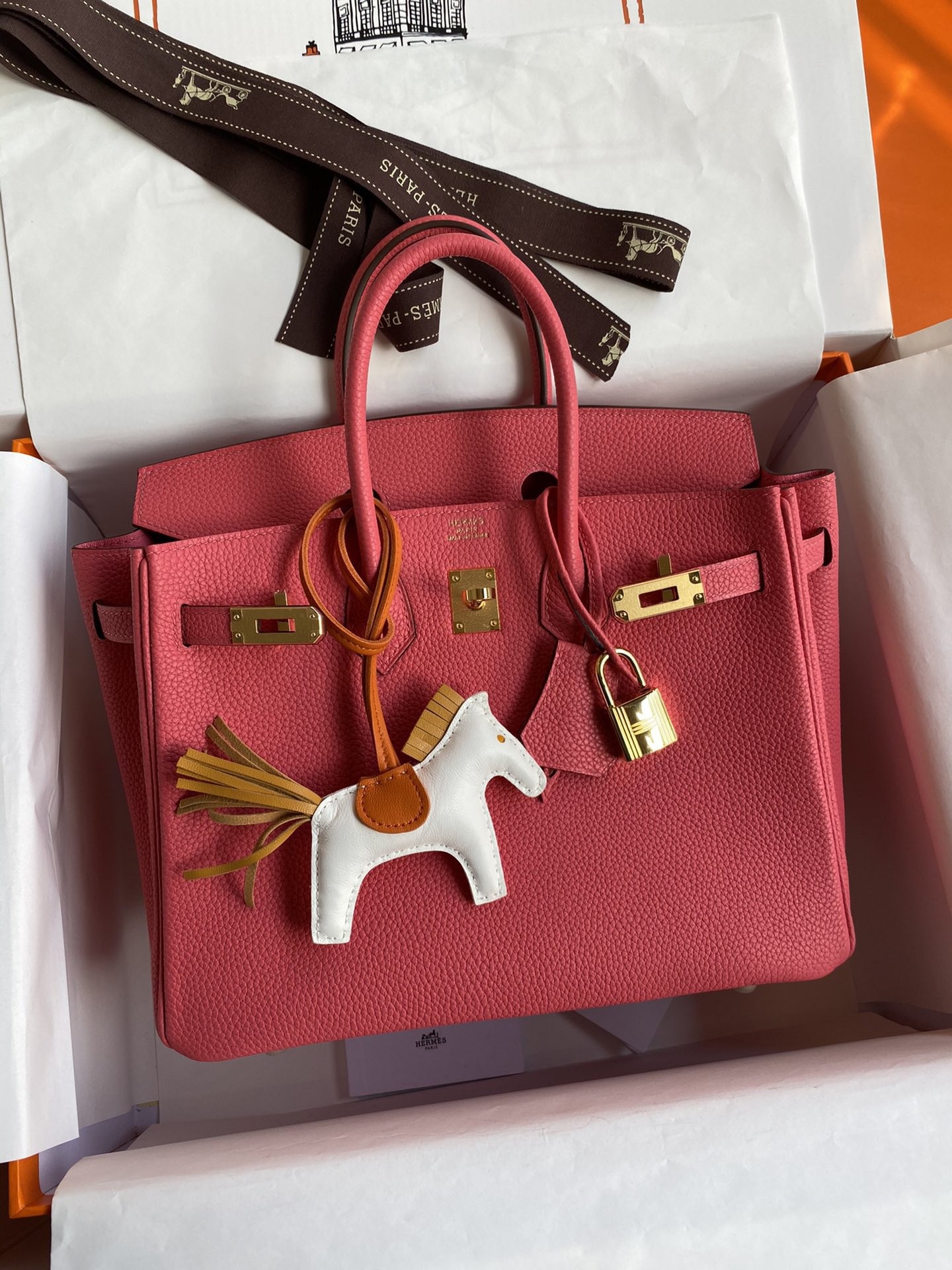 H**mes birkin 25 retourne handmade bag in rose lipstick clemence leather