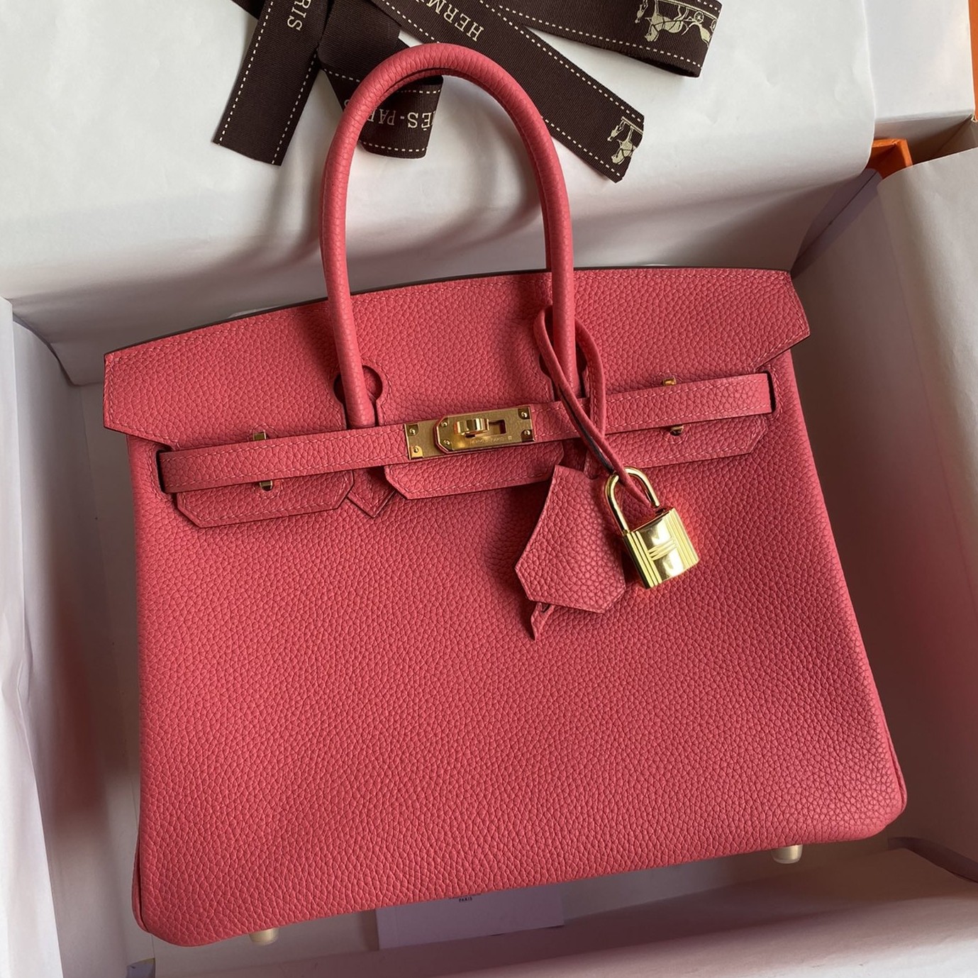 H**mes birkin 25 retourne handmade bag in rose lipstick clemence leather