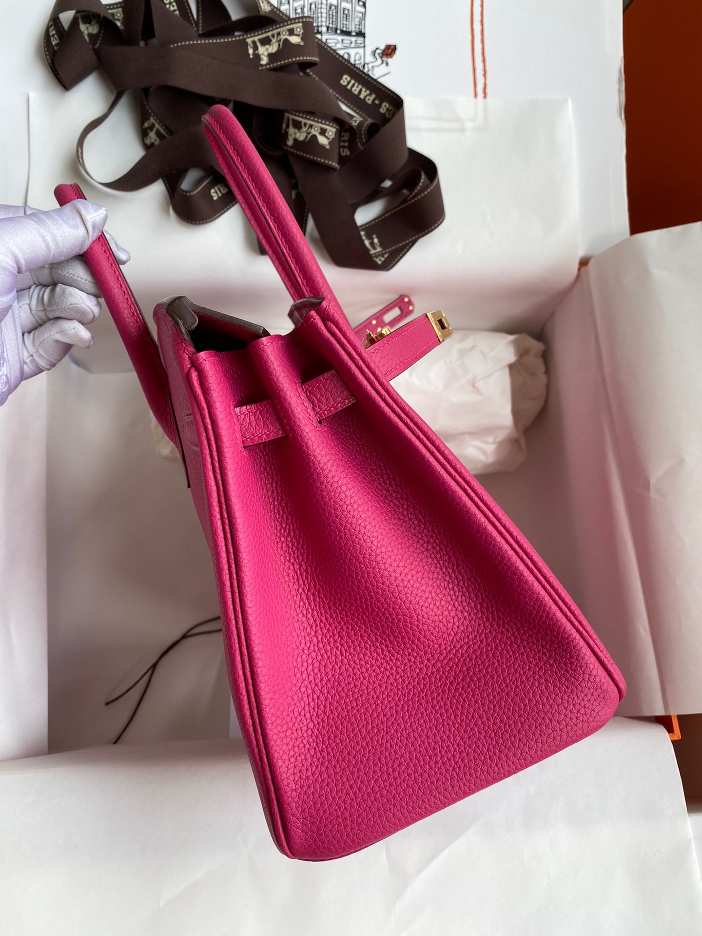 H**mes birkin 25 retourne handmade bag in rose tyrien clemence leather