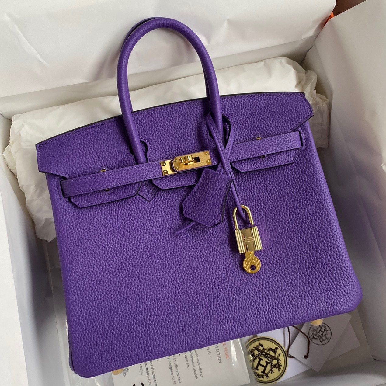 H**mes birkin 25 retourne handmade bag in violet clemence leather