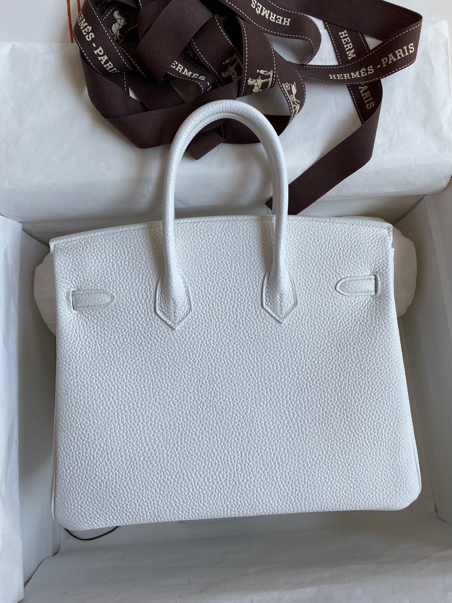 H**mes birkin 25 retourne handmade bag in white clemence leather