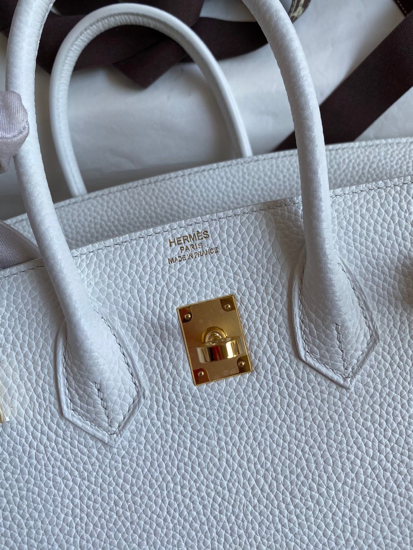 H**mes birkin 25 retourne handmade bag in white clemence leather