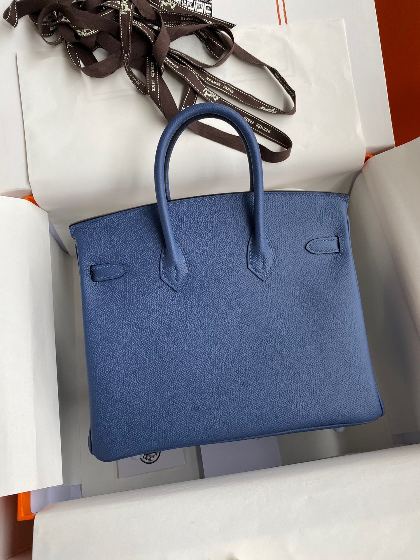 H**mes birkin 25 retourne handmade bag in blue agate epsom calfskin
