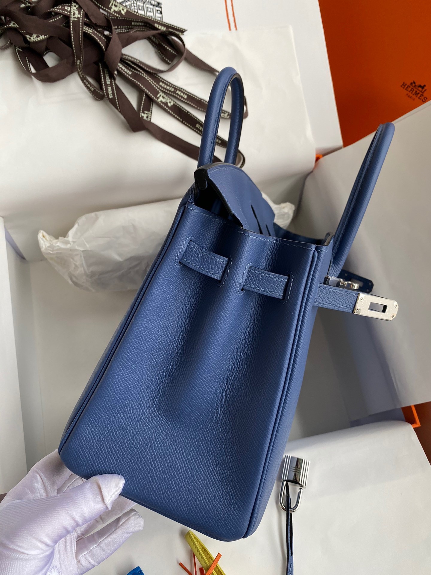 H**mes birkin 25 retourne handmade bag in blue agate epsom calfskin