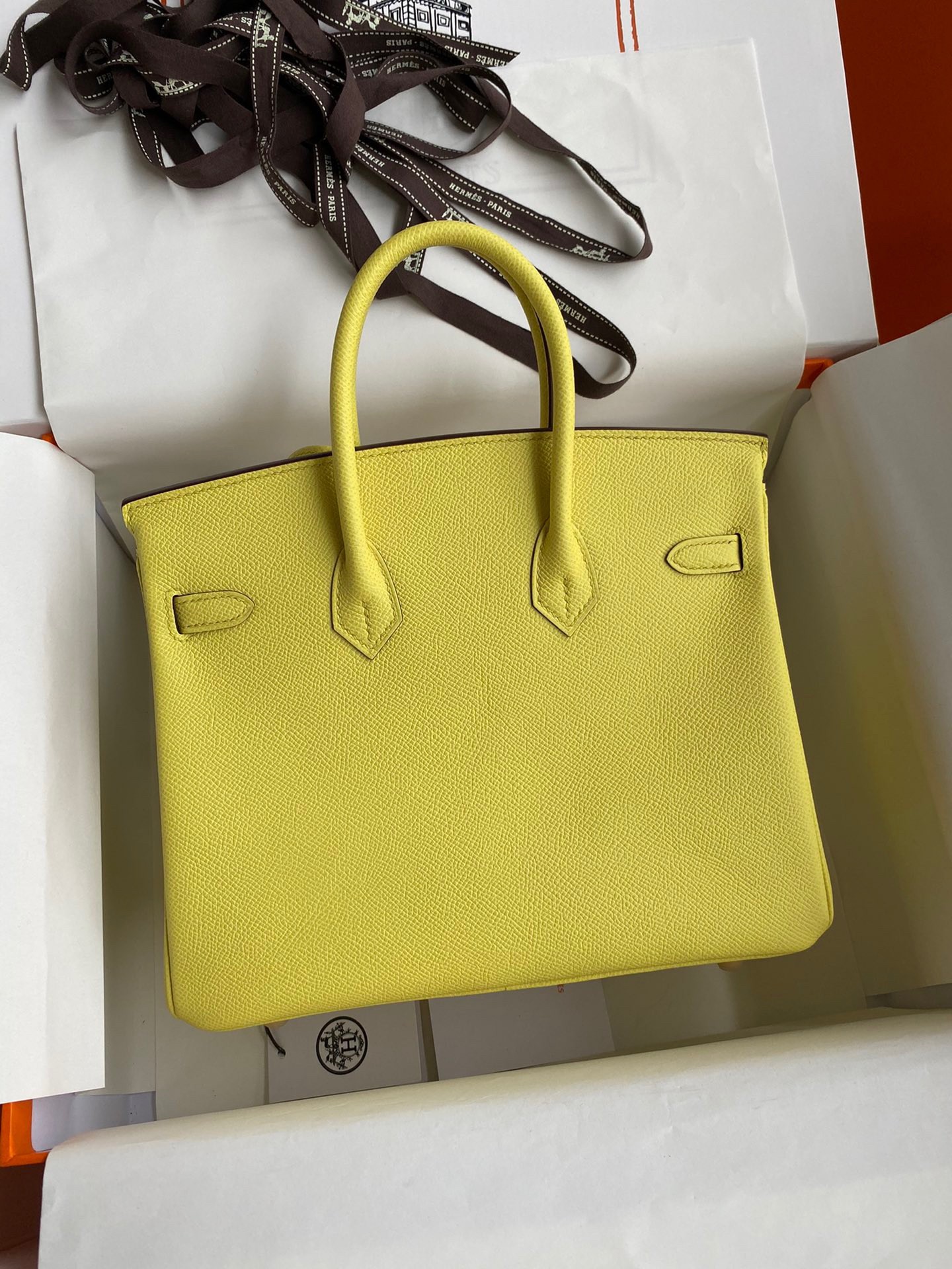 H**mes birkin 25 retourne handmade bag in lime epsom calfskin
